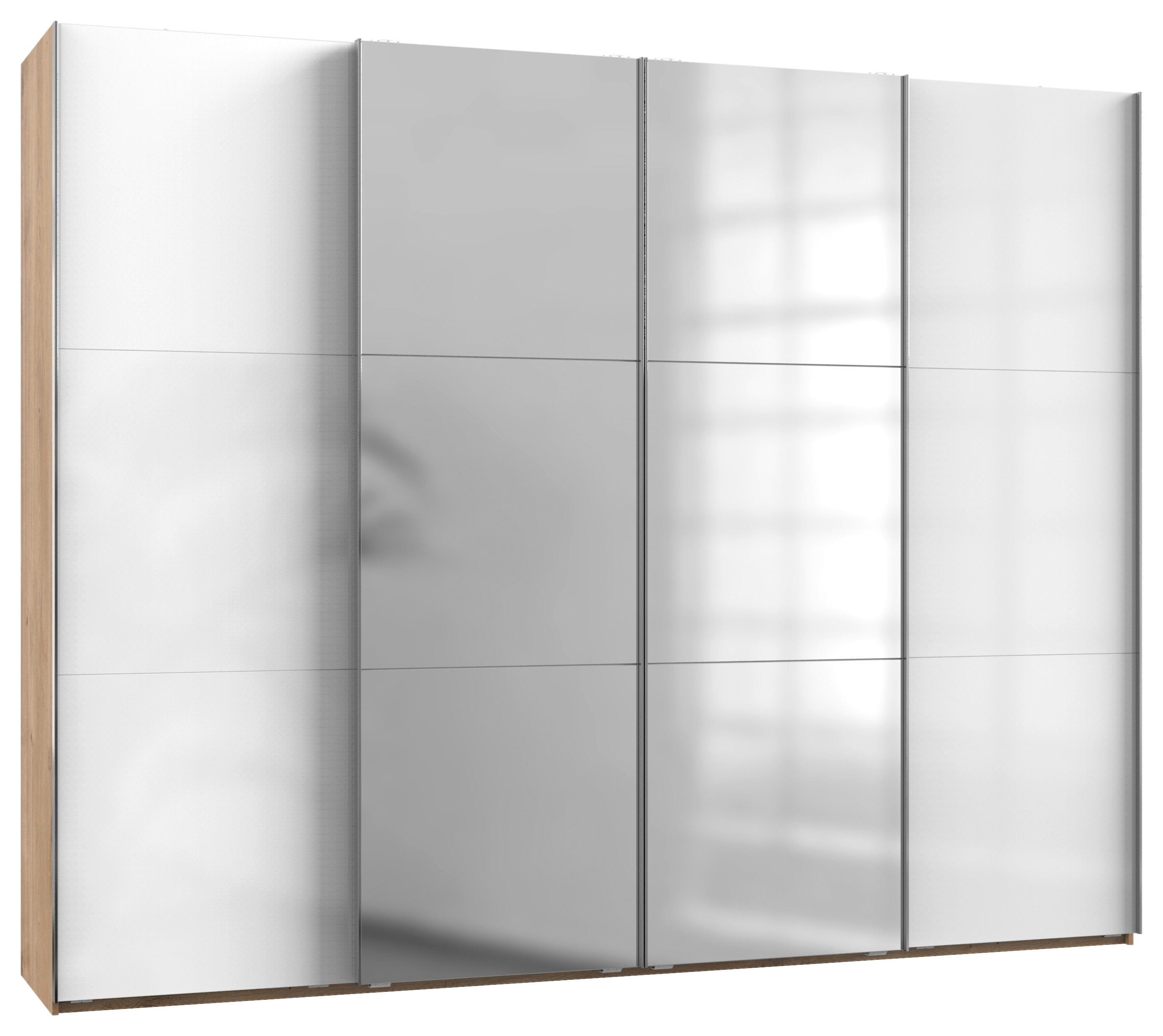 Schwebetürenschrank Level 36D ca. 300 cm Weiß/Eiche Dekor - Chromfarben/Weiß Hochglanz, MODERN, Holzwerkstoff/Metall (300/236/65cm) - MID.YOU