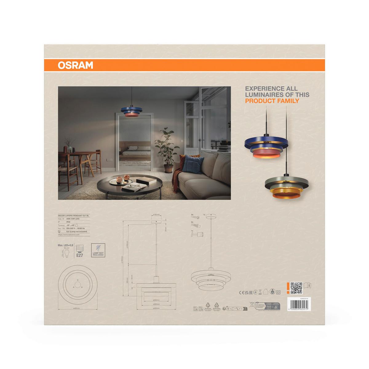 LAMPA WISZĄCA DECOR LAYERS PENDANT E27 BL - różowy/niebieski, Basics, metal (40/136cm) - Osram