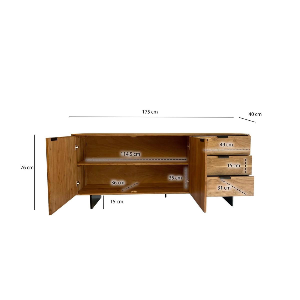 Komoda Akazie, Pravi Les, Črna - črna/barve akacije, Natur, kovina/les (175/76/40cm) - Livetastic
