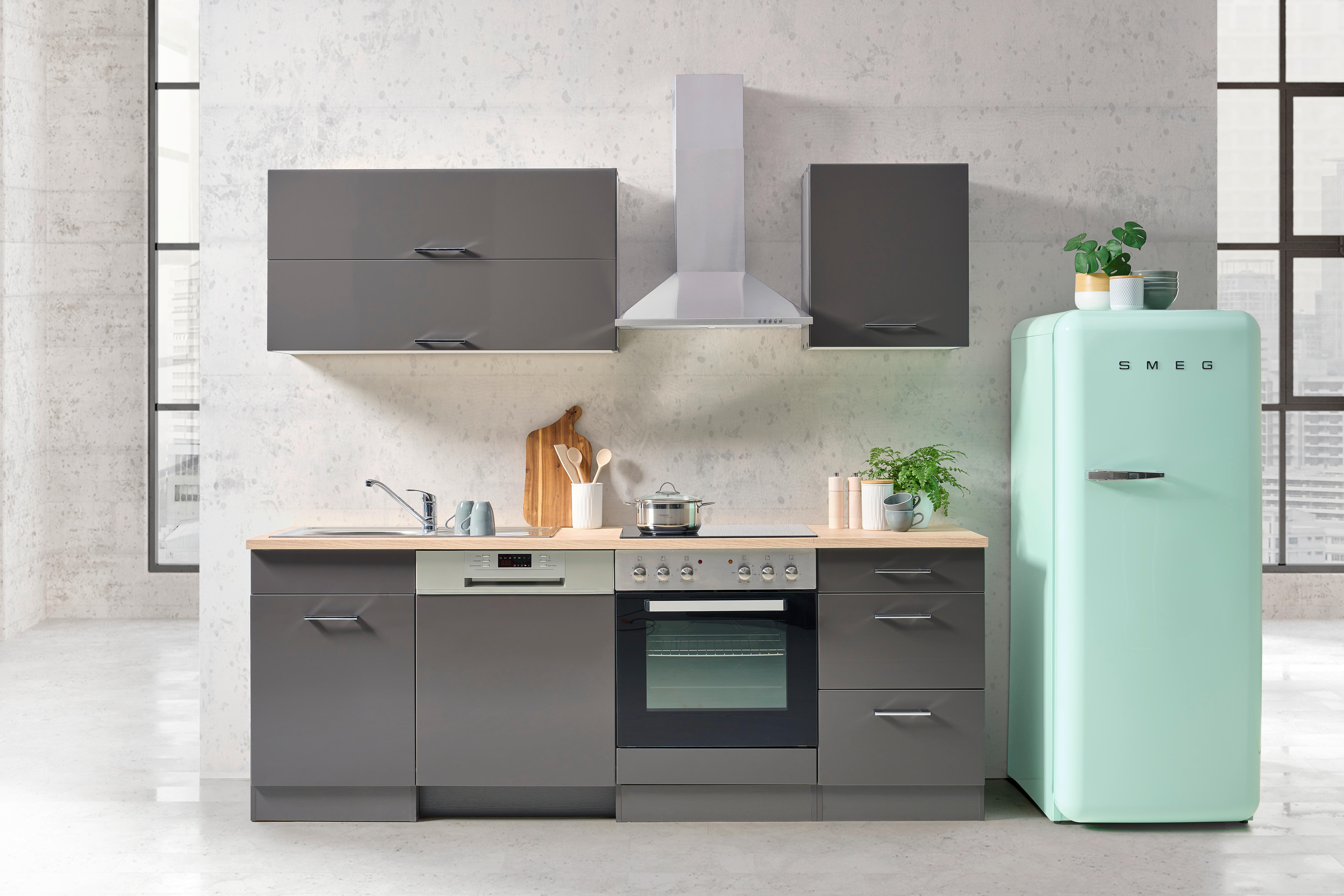 Küchenblock Mailand Anthrazit inkl. E-Geräte - Chromfarben/Eichefarben, MODERN, Holzwerkstoff/Metall (220cm) - Held