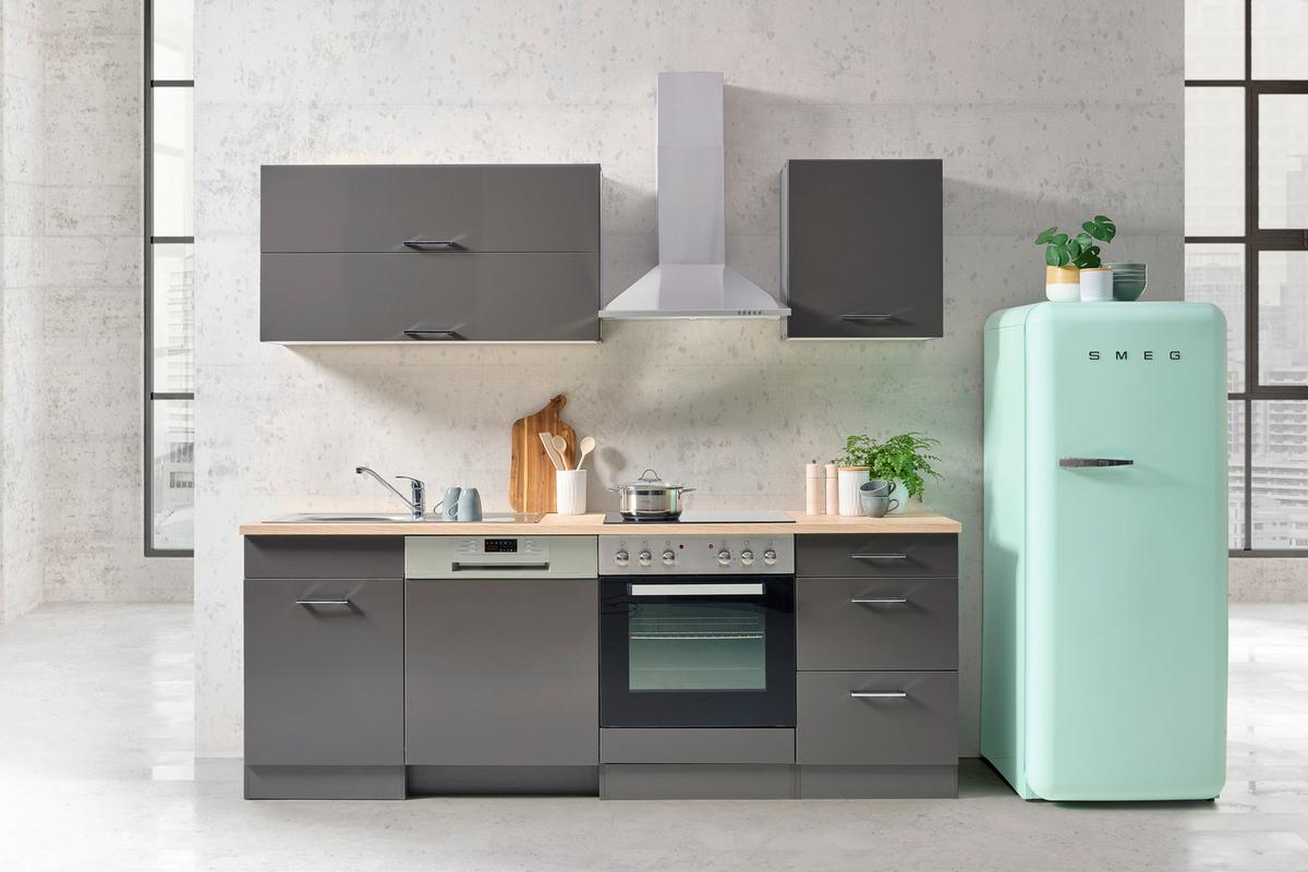 Küchenblock Mailand Anthrazit inkl. E-Geräte - Chromfarben/Eichefarben, MODERN, Holzwerkstoff/Metall (220cm) - Held