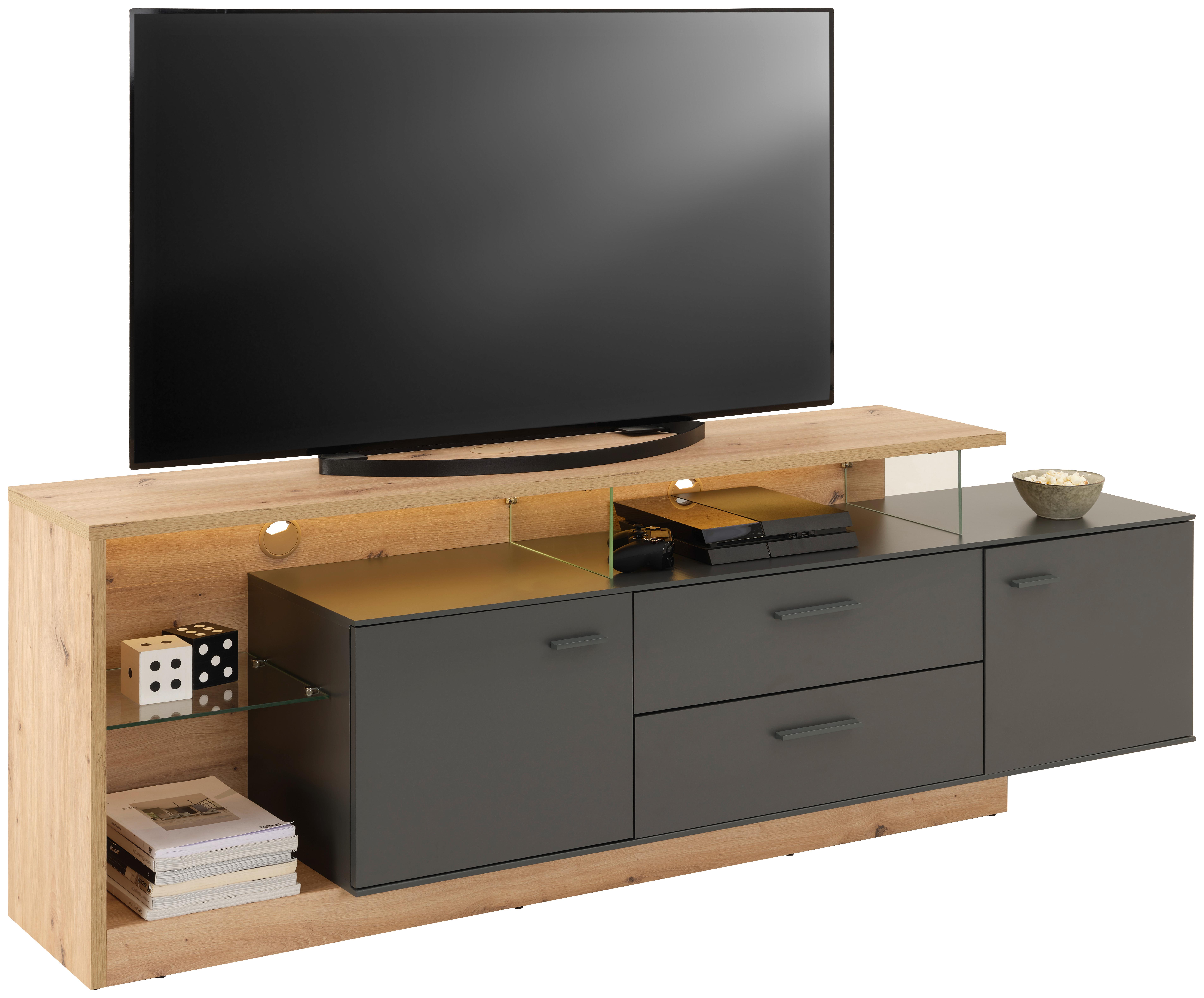 Măsuță TV MORGANO - culoare lemn stejar/antracit, Modern, sticlă/material pe bază de lemn (191,5/66/40cm) - Modern Living