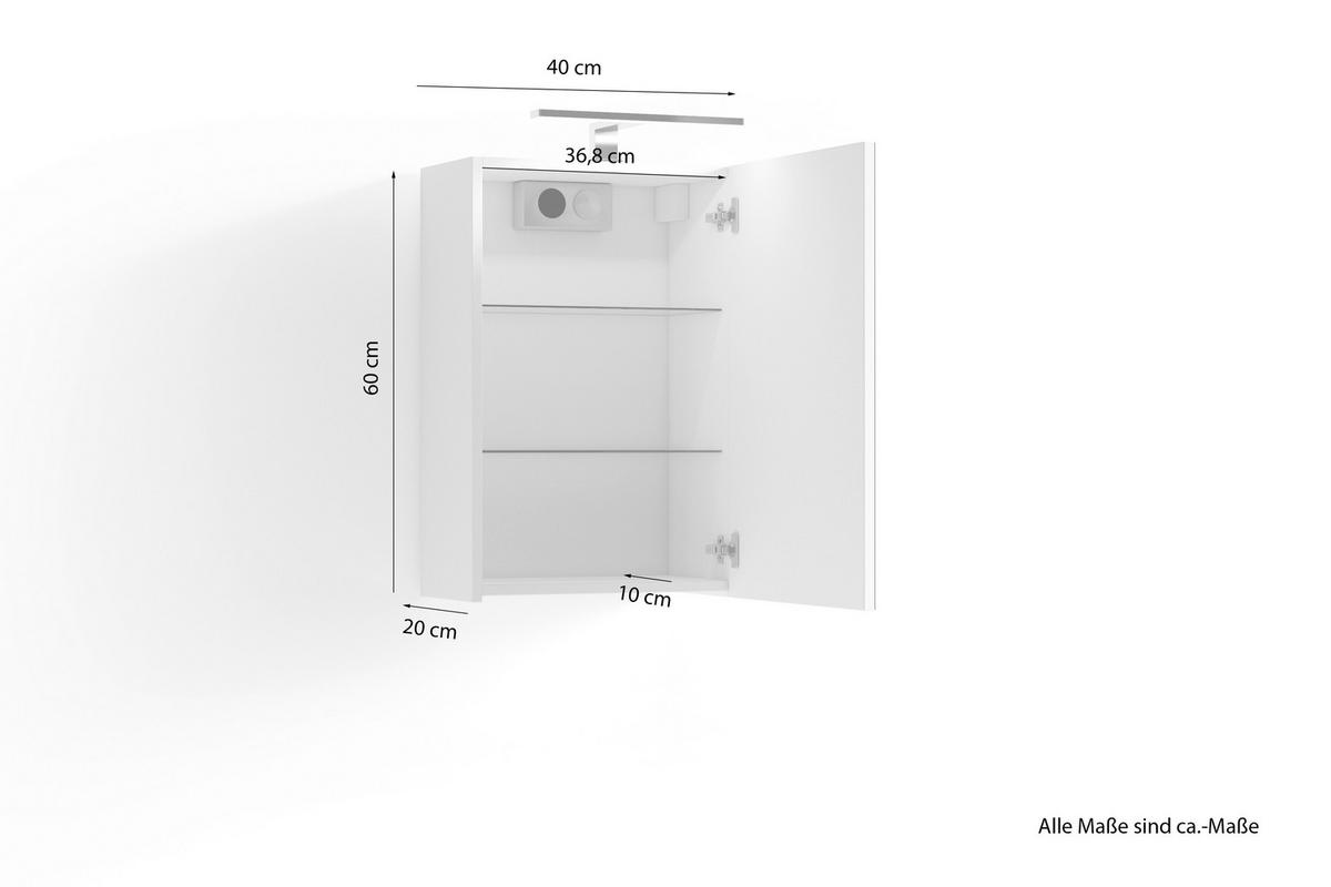 Spiegelschrank Spree mit LED 1 Tür BHT 40x60x20 cm Weiß - MODERN, Glas/Holzwerkstoff (40/60/20cm) - MID.YOU