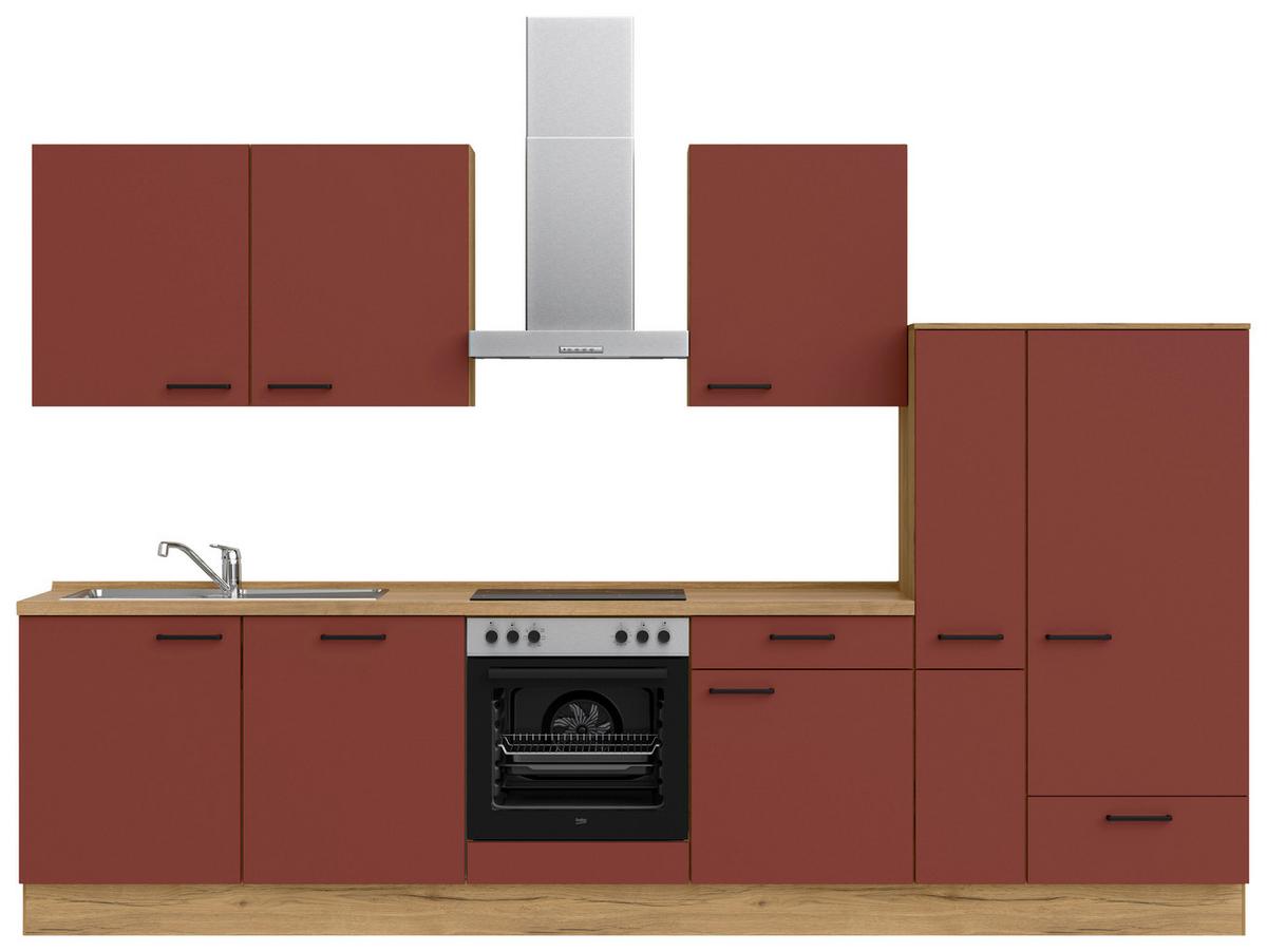 Küchenblock Easytouch Low m. Geräten Dunkelrot - Eichefarben/Schwarz, MODERN, Holzwerkstoff/Metall (330cm) - Nobilia