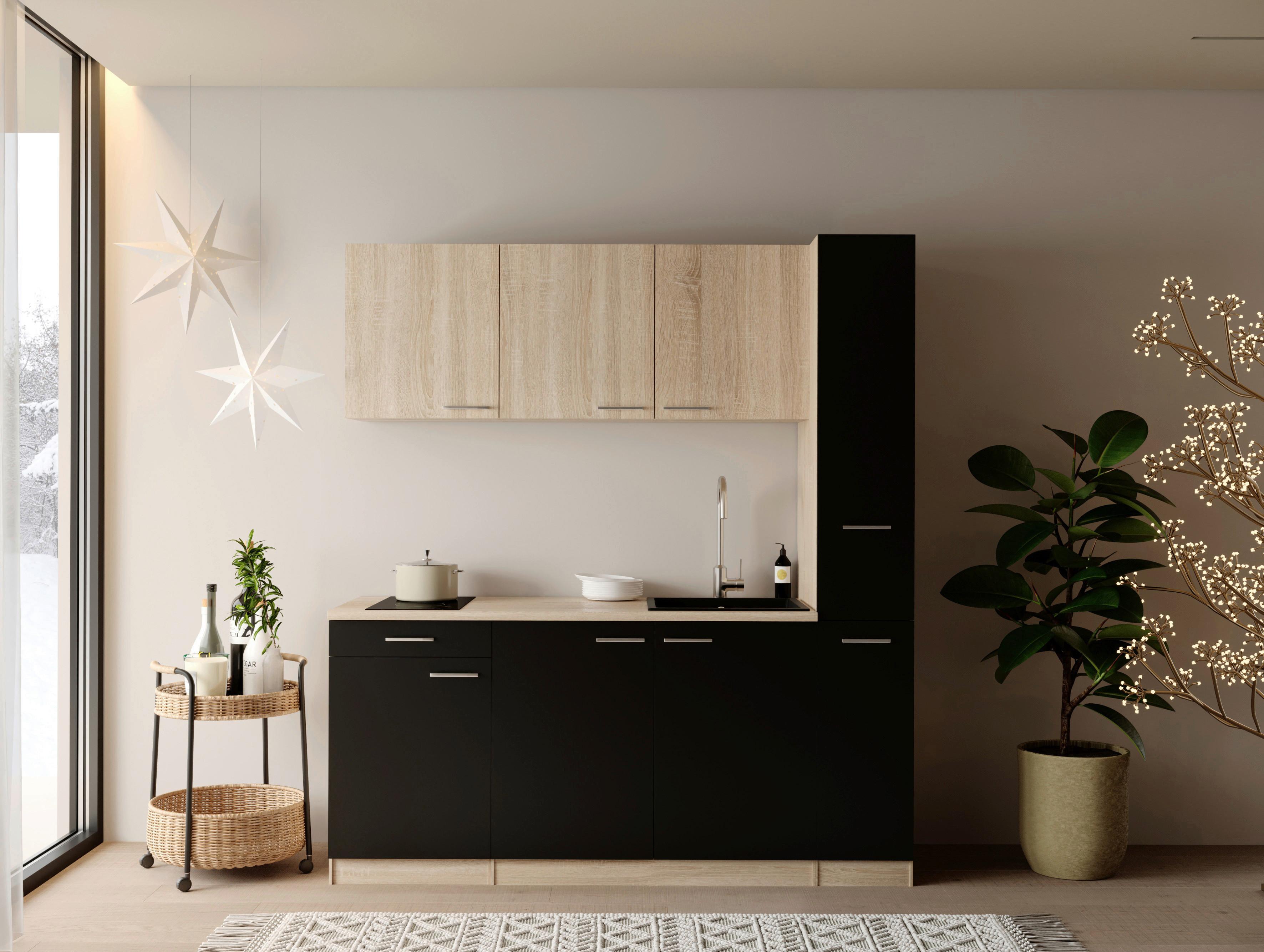 Küchenblock Ingrid m. Gerät Schwarz - Eichefarben/Schwarz, Design, Holzwerkstoff/Kunststoff (180cm) - Respekta