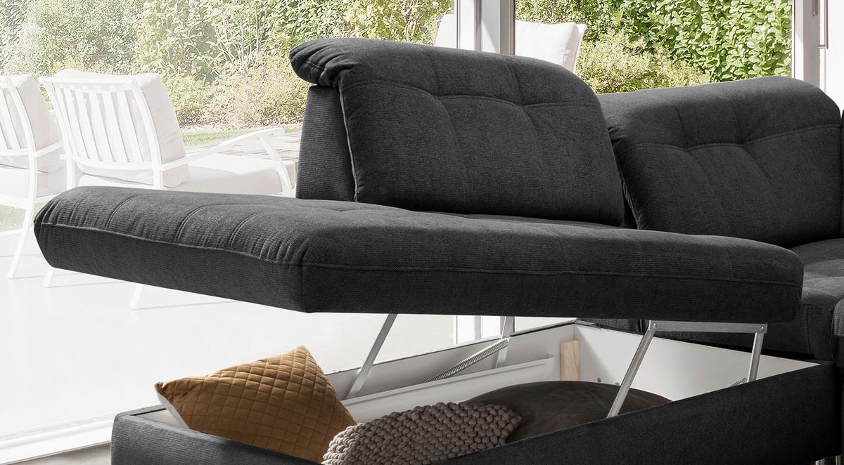 Wohnlandschaft Rigatti Anthrazit Chenille Bettkasten - Anthrazit/Schwarz, MODERN, Textil/Metall (252/387/184cm) - Livetastic