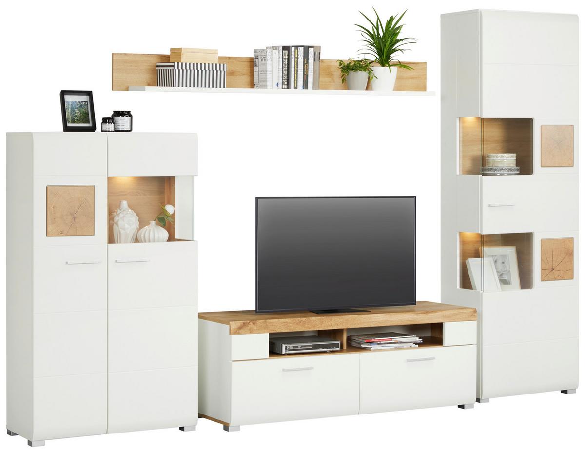 Wohnwand in Weiß inkl. Beleuchtung - Chromfarben/Eichefarben, MODERN, Holzwerkstoff/Metall (325/205/47cm) - Mömax