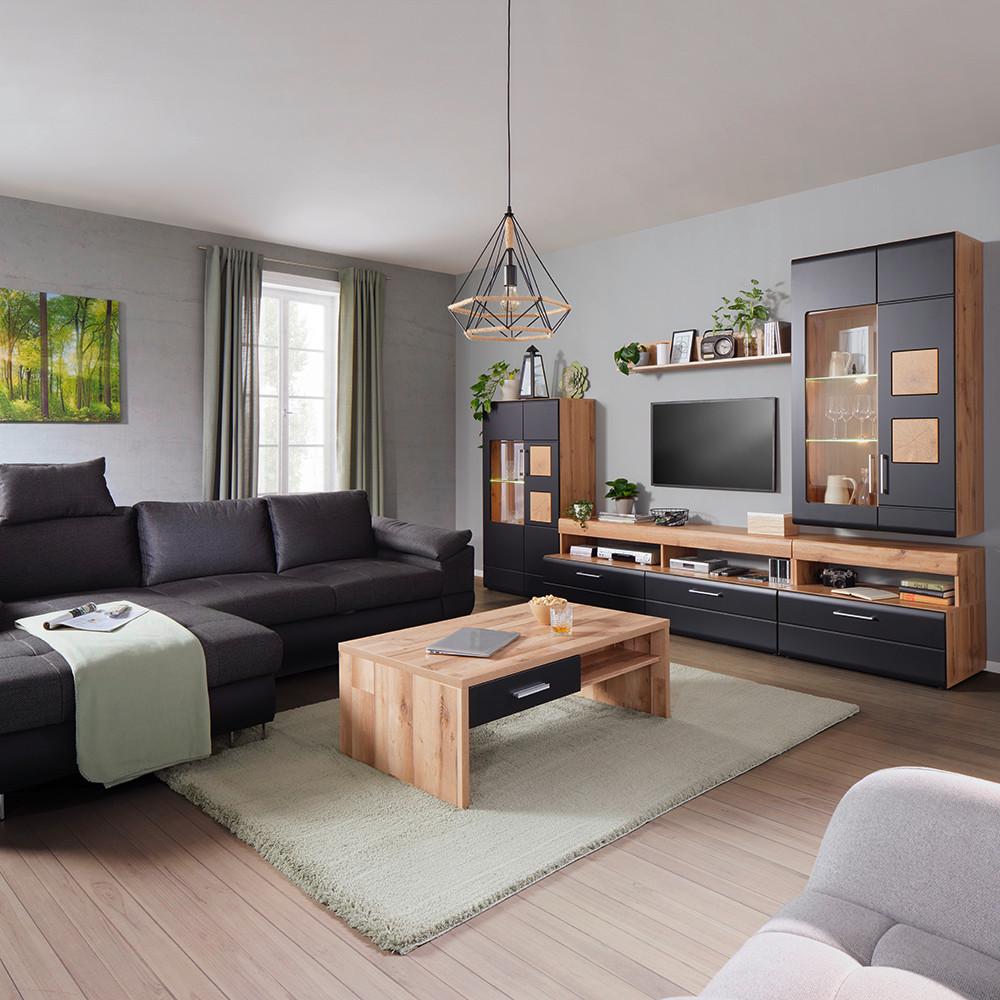 Couchtisch Sonate Eichefarben/ Schwarz mit Schublade - Chromfarben/Eichefarben, MODERN, Holzwerkstoff/Metall (110/64/40cm) - Mömax