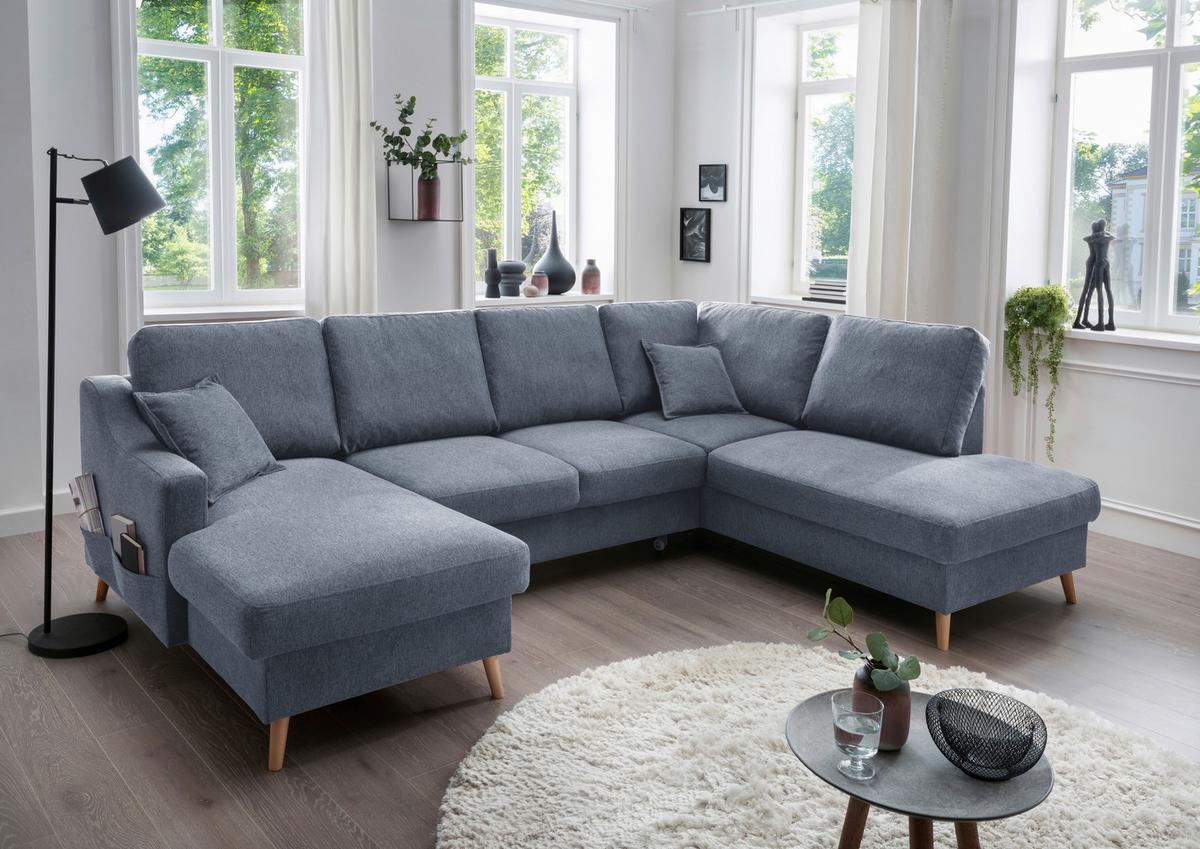 Wohnlandschaft Valentina Blau Struktur - Blau/Naturfarben, KONVENTIONELL, Holz/Textil (150/301/200cm) - P & B