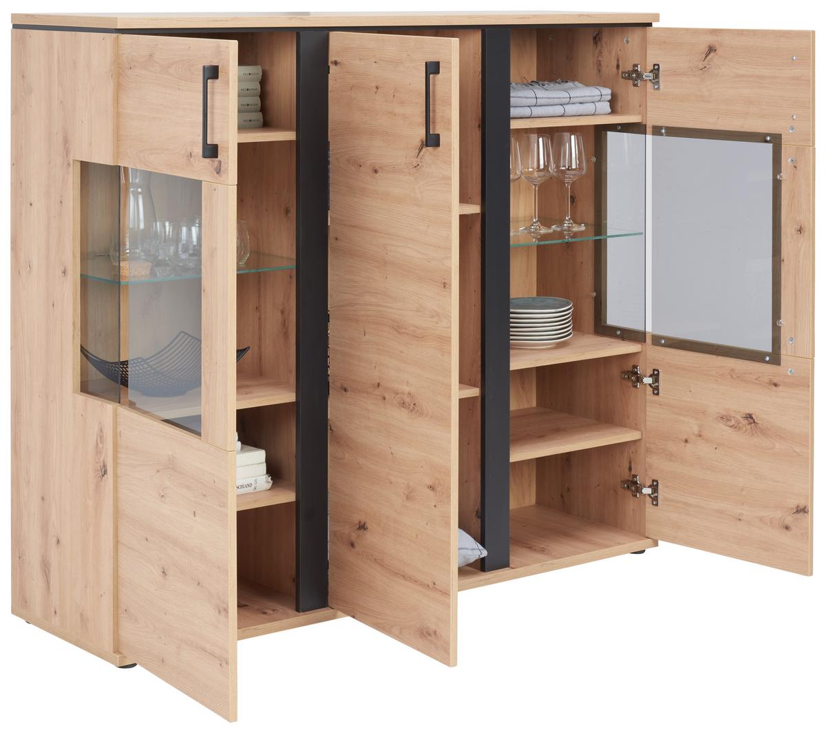 Comodă înaltă NATURE NATK 02 - culoare lemn stejar, Konventionell, sticlă/material pe bază de lemn (145cm)
