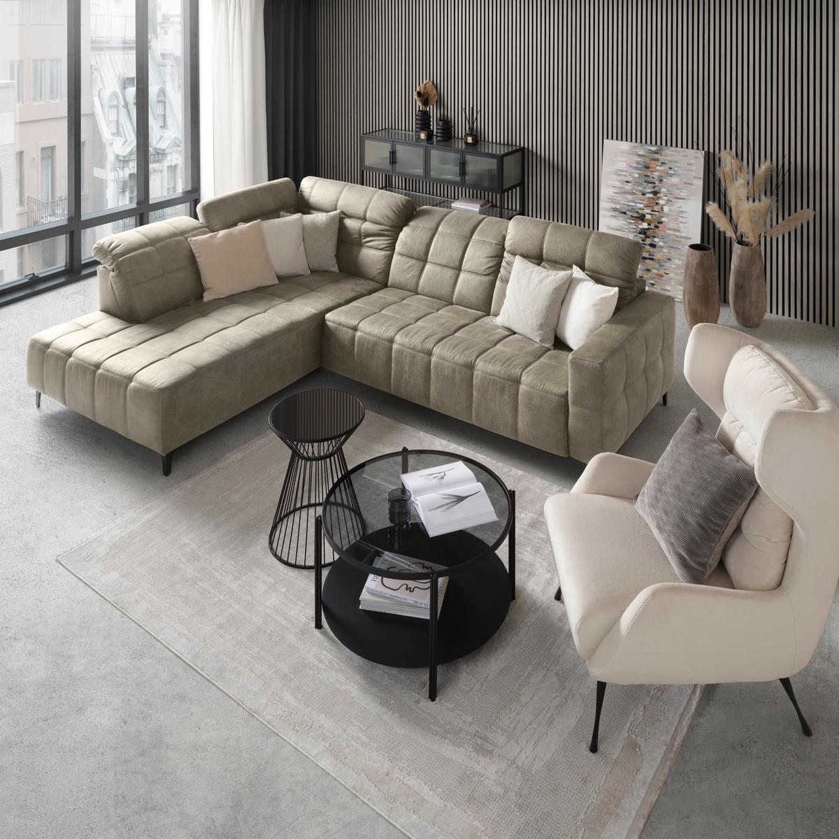 Ecksofa Panama links Grau - Schwarz/Grau, KONVENTIONELL, Textil/Metall (216/89-102/304cm) - Premium Living