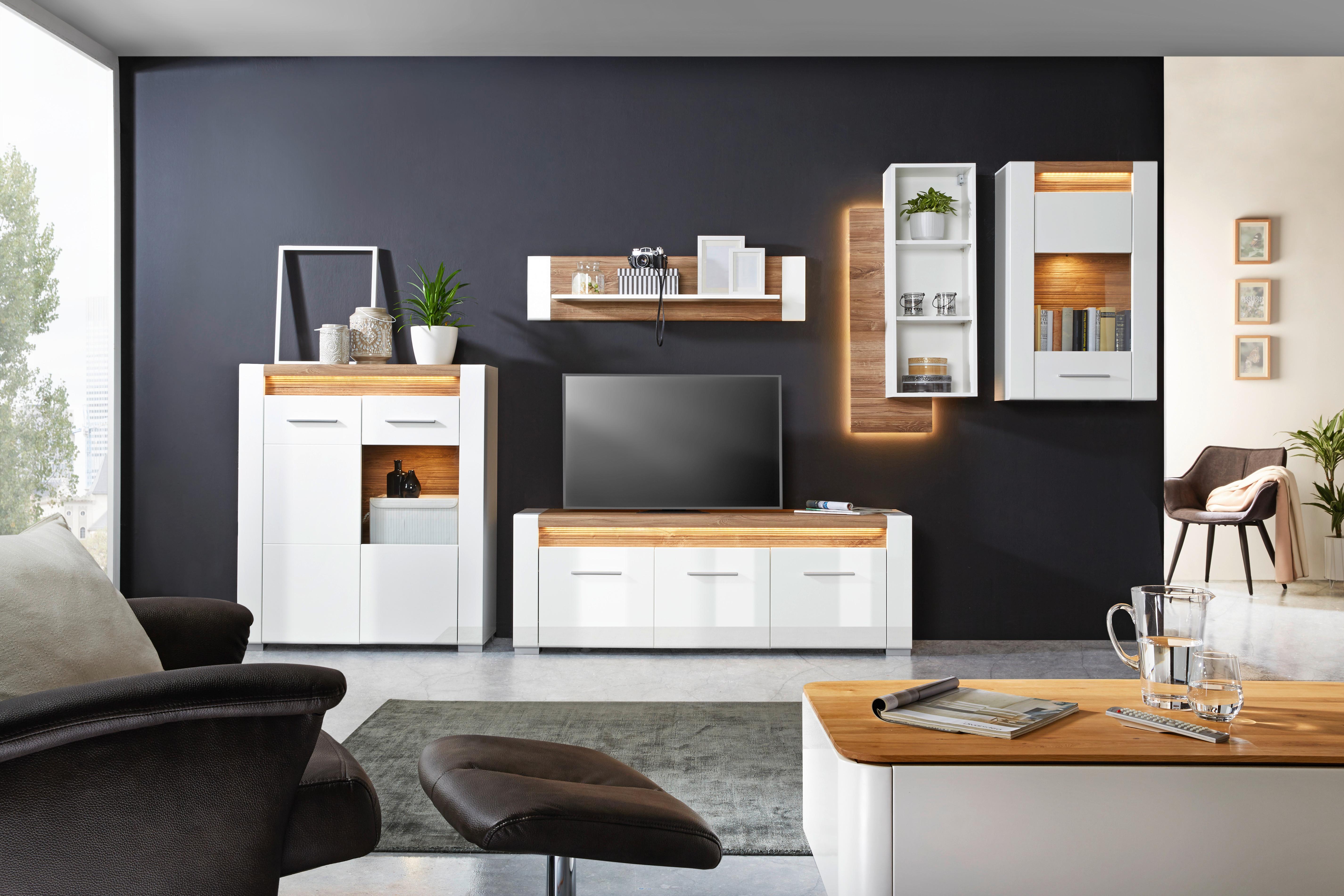MEDIABÄNK LEONARDO - vit/kromfärg, Modern, metall/trämaterial (160/56/45cm) - Mömax