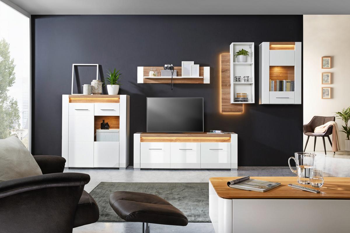 Poliţă de perete Leonardo - alb/culoare lemn stejar, Modern, material pe bază de lemn (120/28/24cm) - Modern Living