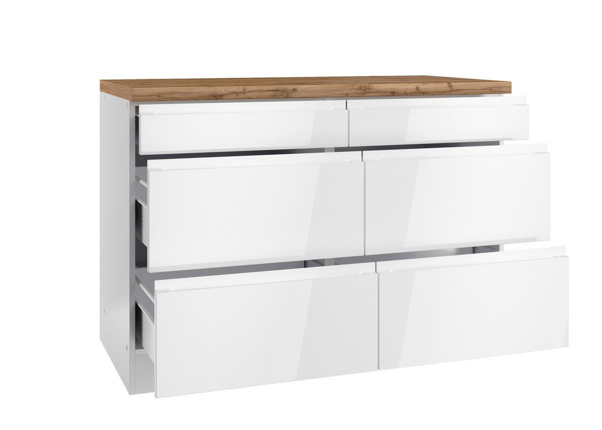 Küchenunterschrank Monza ca. 120x86 cm Weiß/Eiche - Weiß Hochglanz/Eiche Wotan, LIFESTYLE, Holzwerkstoff (120/86/60cm) - Held