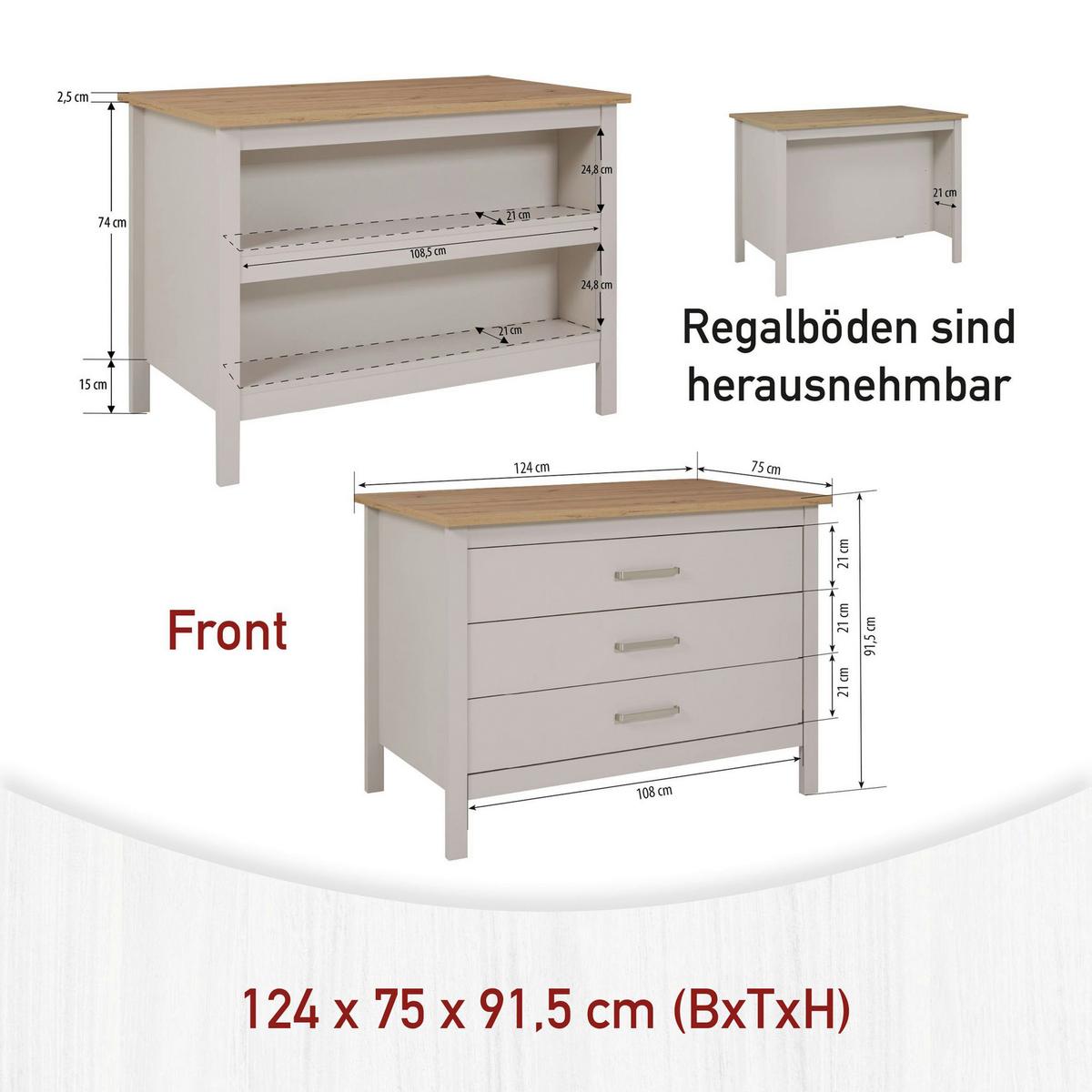 Kücheninsel Sardegna Kaschmir/Eiche - Kaschmir/Silberfarben, ROMANTIK / LANDHAUS, Holzwerkstoff/Metall (124/91,5/75cm) - home24