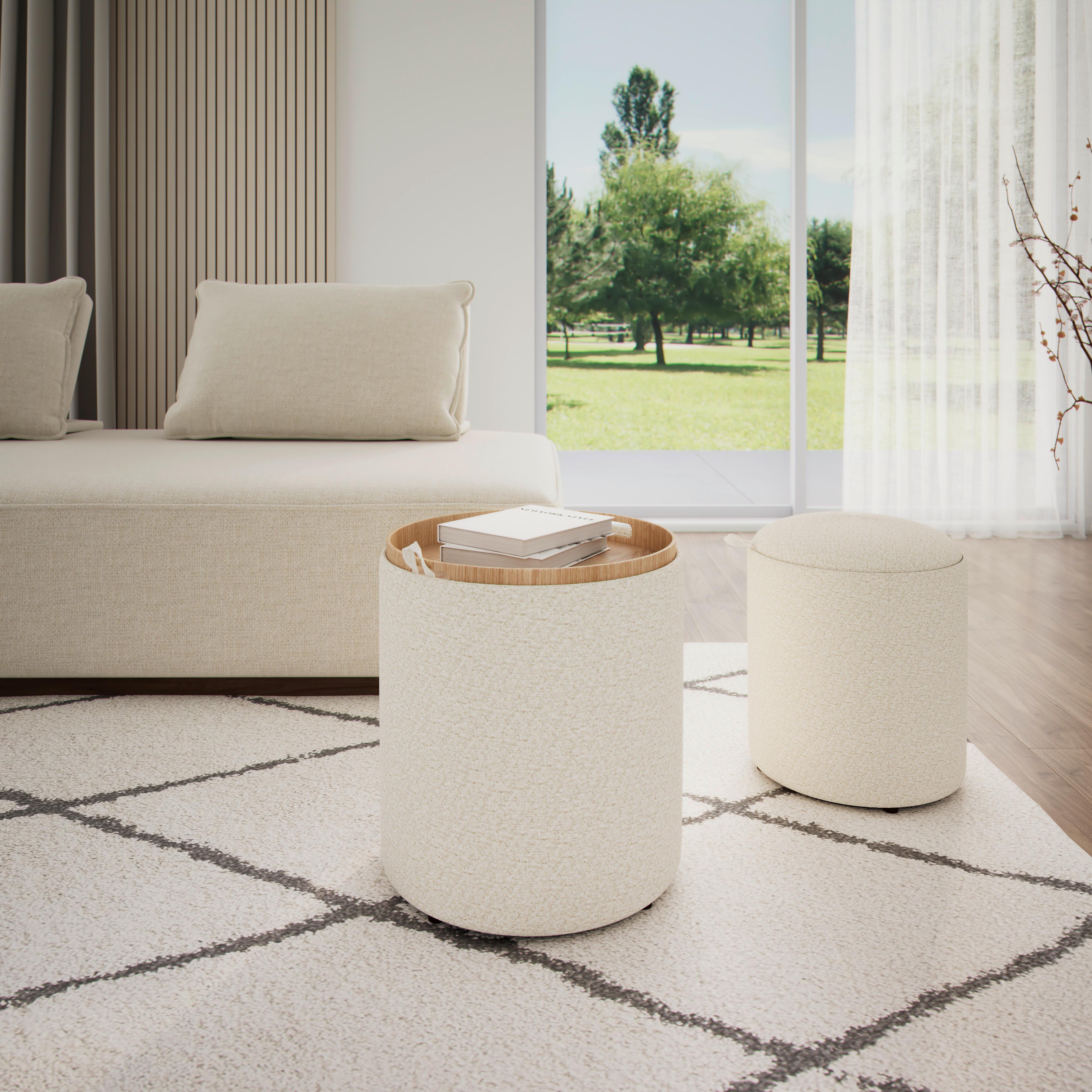 Hocker Set Melanie Bouclé Weiß - Weiß, MODERN, Holzwerkstoff/Textil (44cm) - Bessagi Home