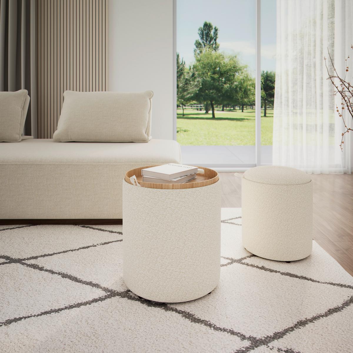 Hocker Set Melanie Bouclé Weiß - Weiß, MODERN, Holzwerkstoff/Textil (44cm) - Bessagi Home