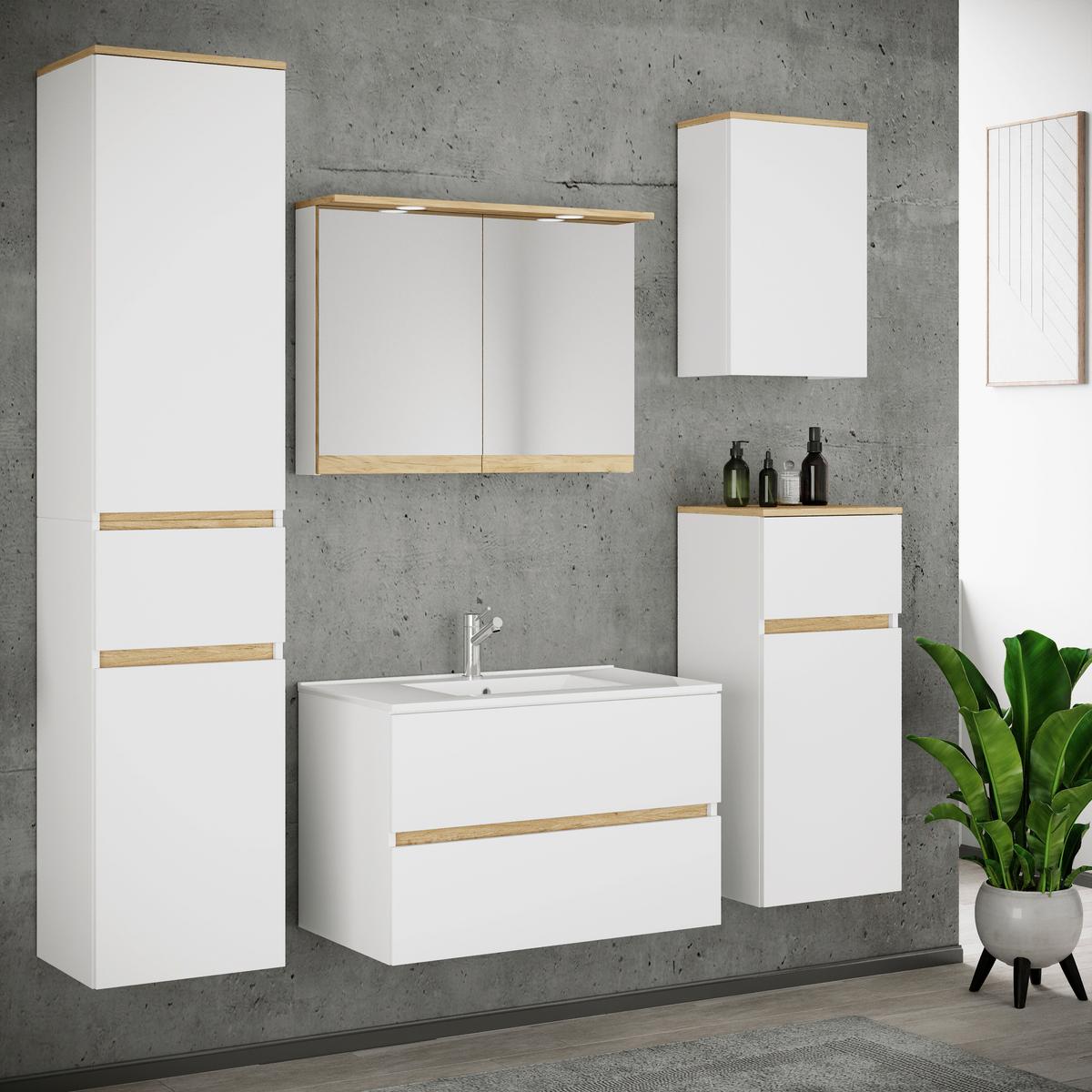 Badezimmer Cosila - Honigeiche/Weiss, Trend, Keramik/Holzwerkstoff (161cm) - MID.YOU