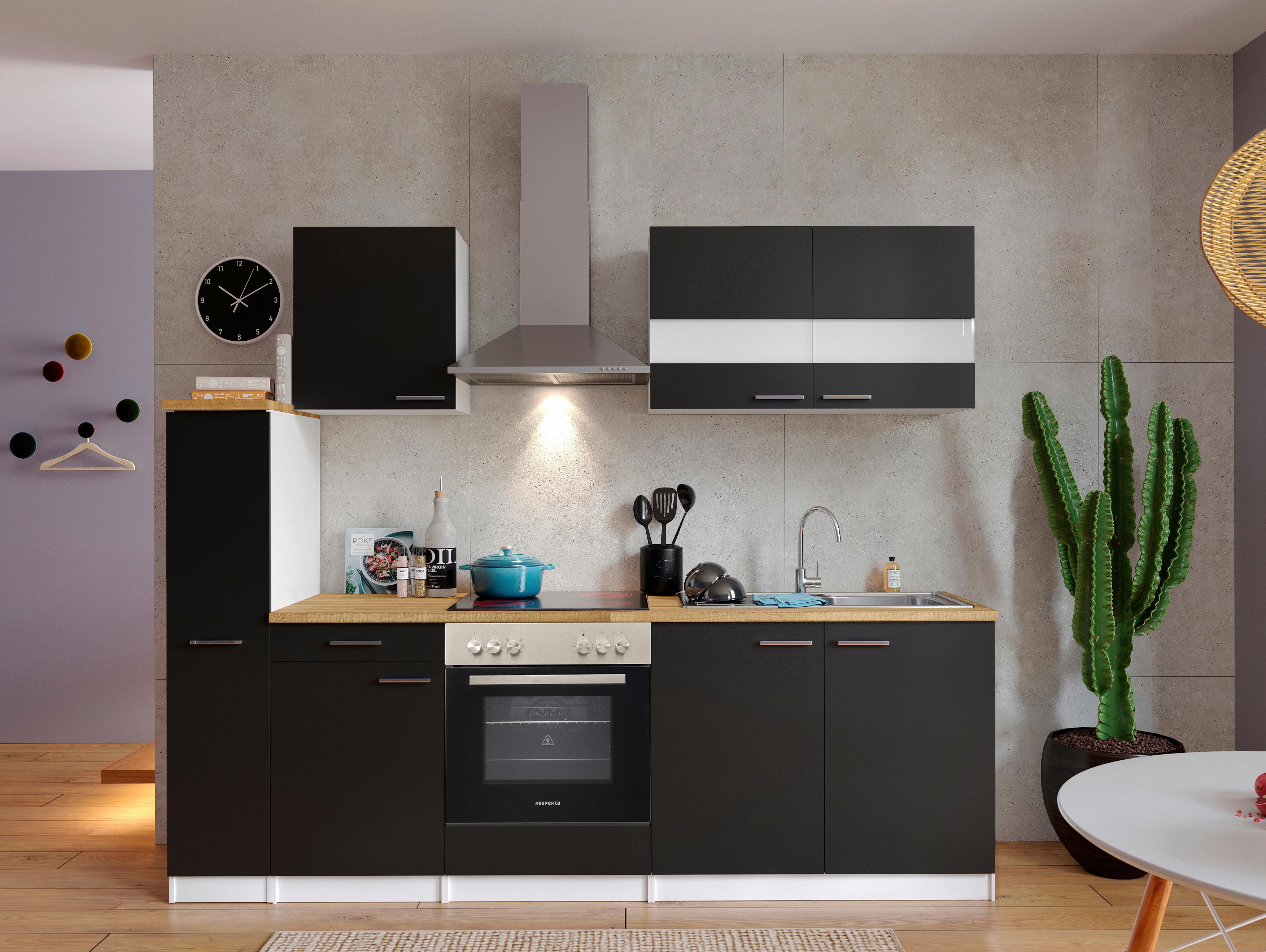 Küchenblock Malia mit Geräten ca. 240 cm Schwarz - Edelstahlfarben/Nussbaumfarben, Basics, Holzwerkstoff/Metall (240cm) - Respekta