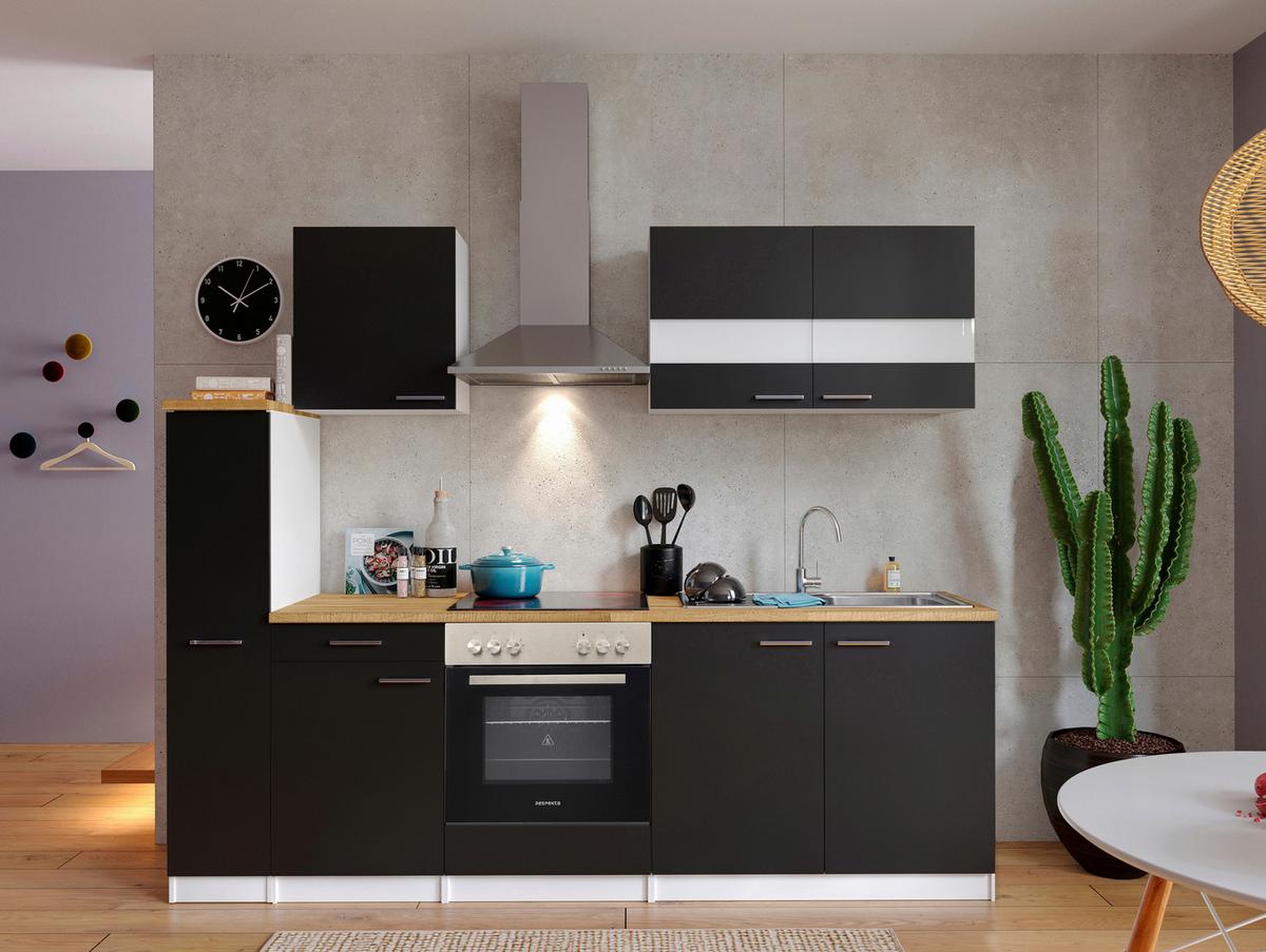 Küchenblock Malia mit Geräten ca. 240 cm Schwarz - Edelstahlfarben/Nussbaumfarben, Basics, Holzwerkstoff/Metall (240cm) - Respekta