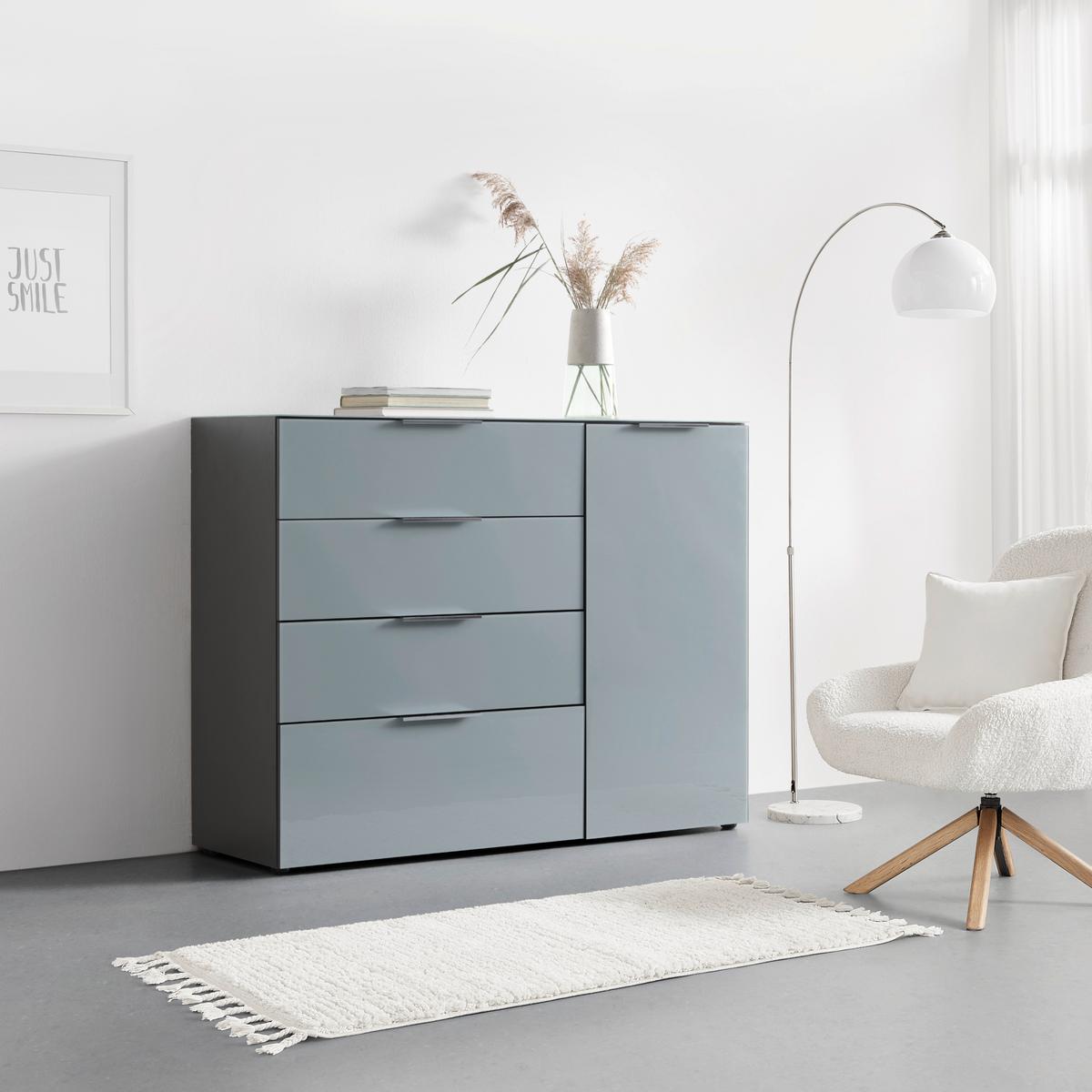 Sideboard Oakland in Grau/Graphitfarben - Chromfarben/Silberfarben, MODERN, Glas/Holzwerkstoff (134/102/42cm) - Premium Living