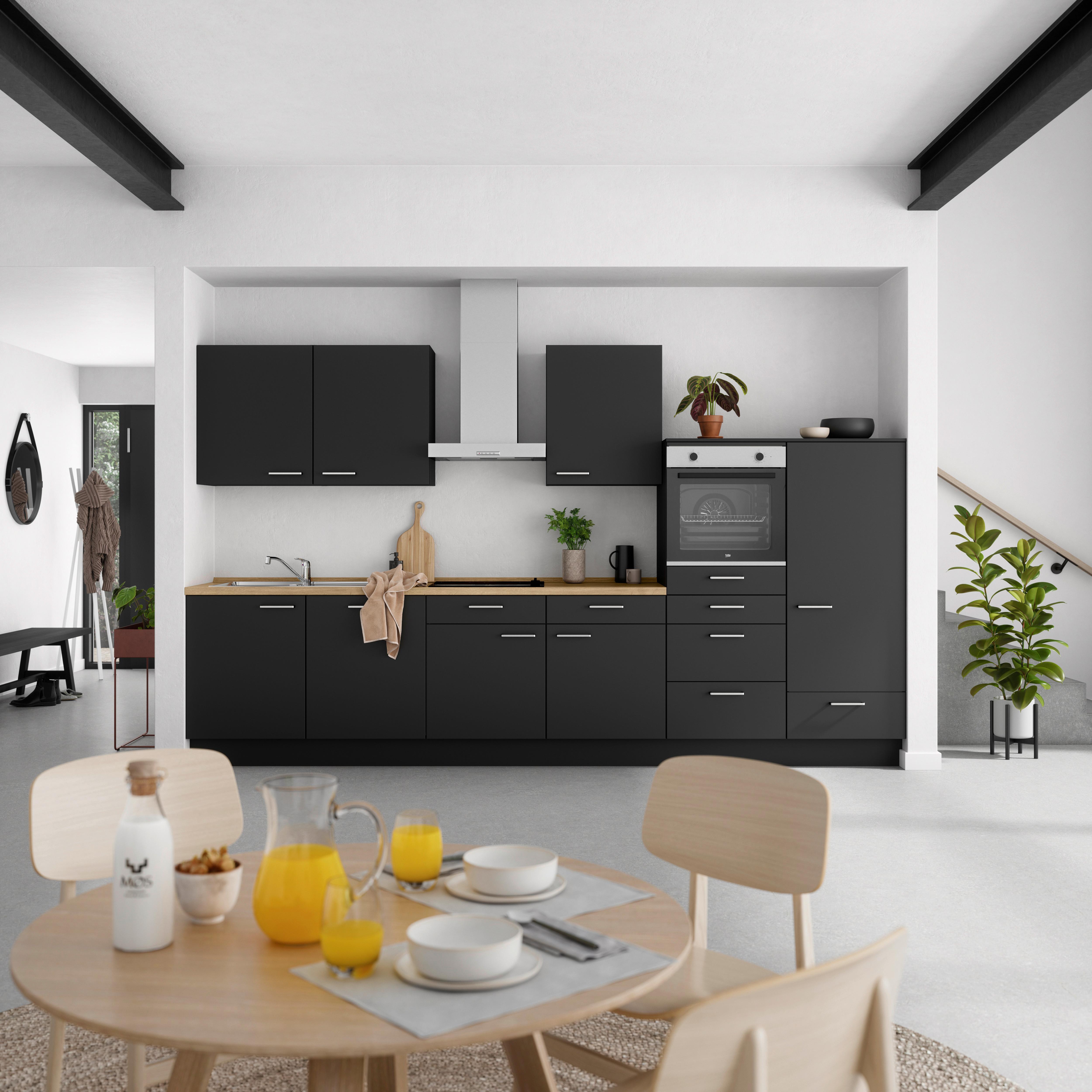 Küchenblock Touch Low m. Geräten Schwarz - Edelstahlfarben/Eichefarben, MODERN, Holzwerkstoff/Metall (360cm) - Nobilia