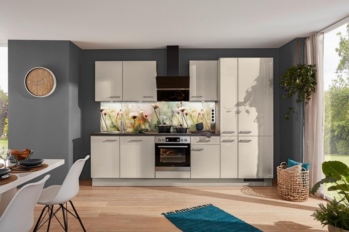 Küchenblock IP4050 Grau Hochglanz - Edelstahlfarben/Grau Hochglanz, MODERN, Holzwerkstoff/Metall (310cm) - Impuls