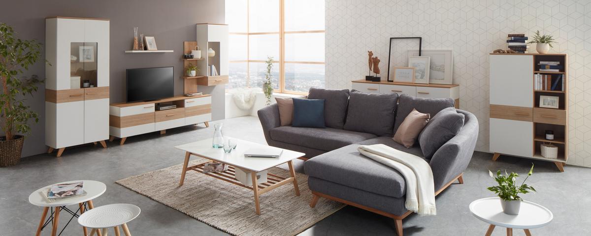 Masă auxiliară Konrad - alb/culoare lemn stejar, Modern, lemn/metal (50/45/50cm) - Modern Living