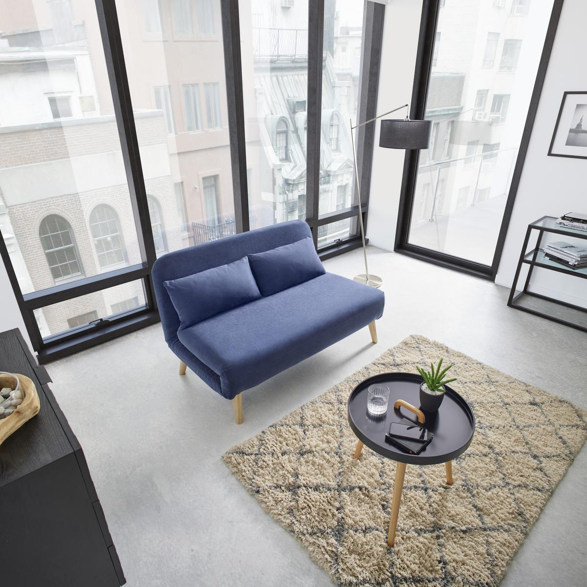 Sofa mit Schlaffunktion blau, "Linn", Samt - Blau/Naturfarben, Modern, Holz/Textil (132/87/78cm) - Bessagi Home