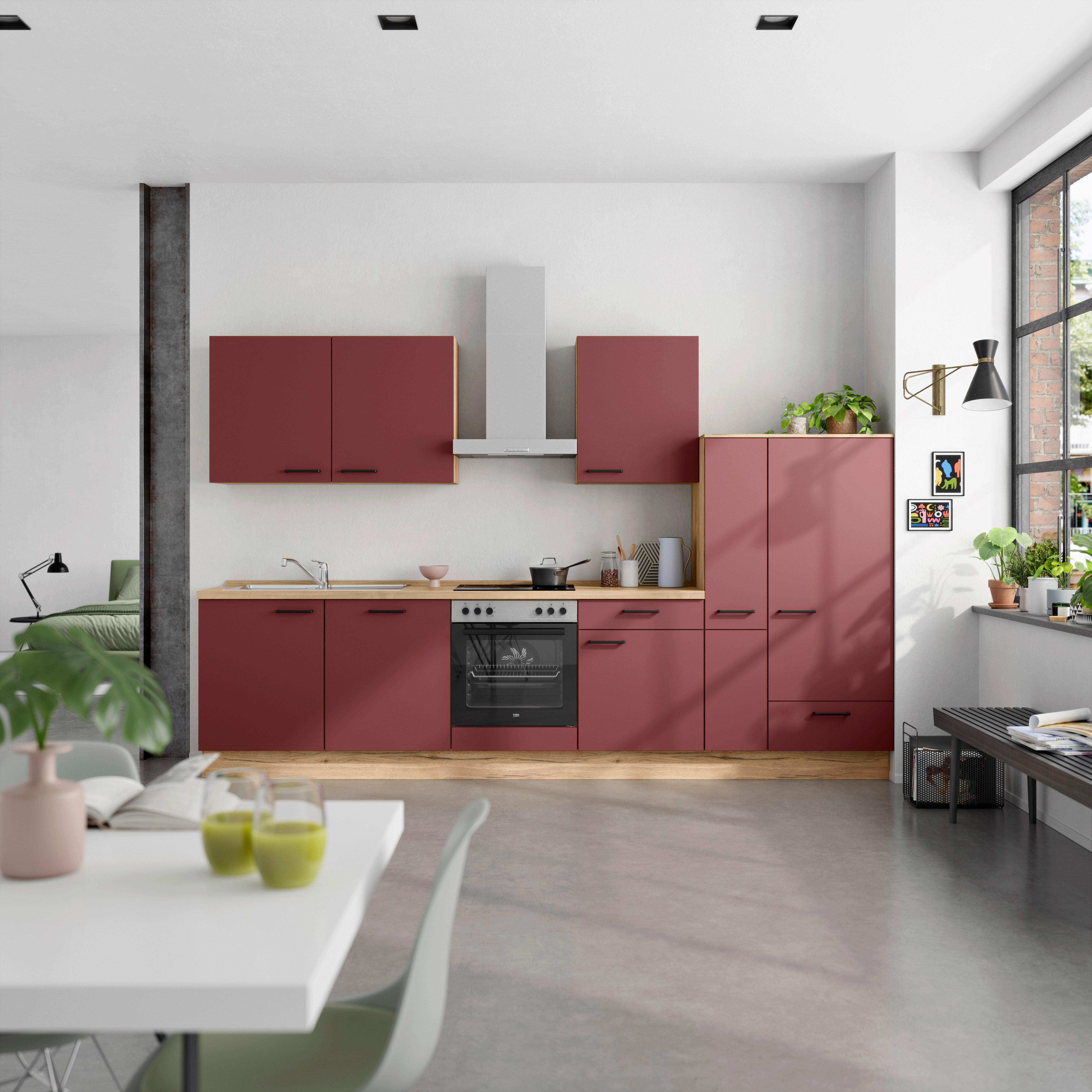 Küchenblock Easytouch Low m. Geräten Dunkelrot - Eichefarben/Schwarz, MODERN, Holzwerkstoff/Metall (330cm) - Nobilia