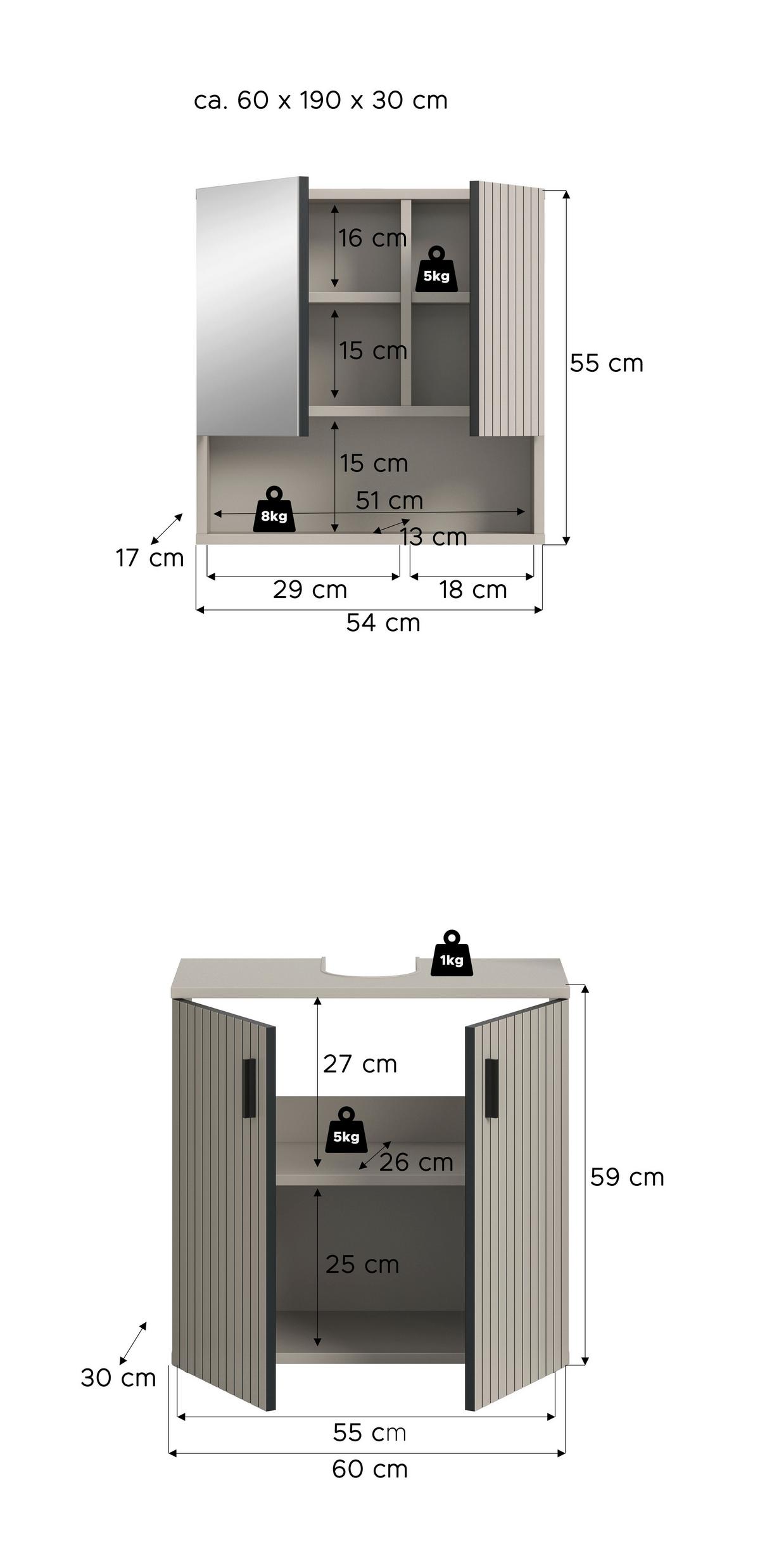 Badezimmer Mone Schwarz/Kaschmir 2-teilig - Kaschmir/Schwarz, Trend, Glas/Holzwerkstoff (60cm) - MID.YOU