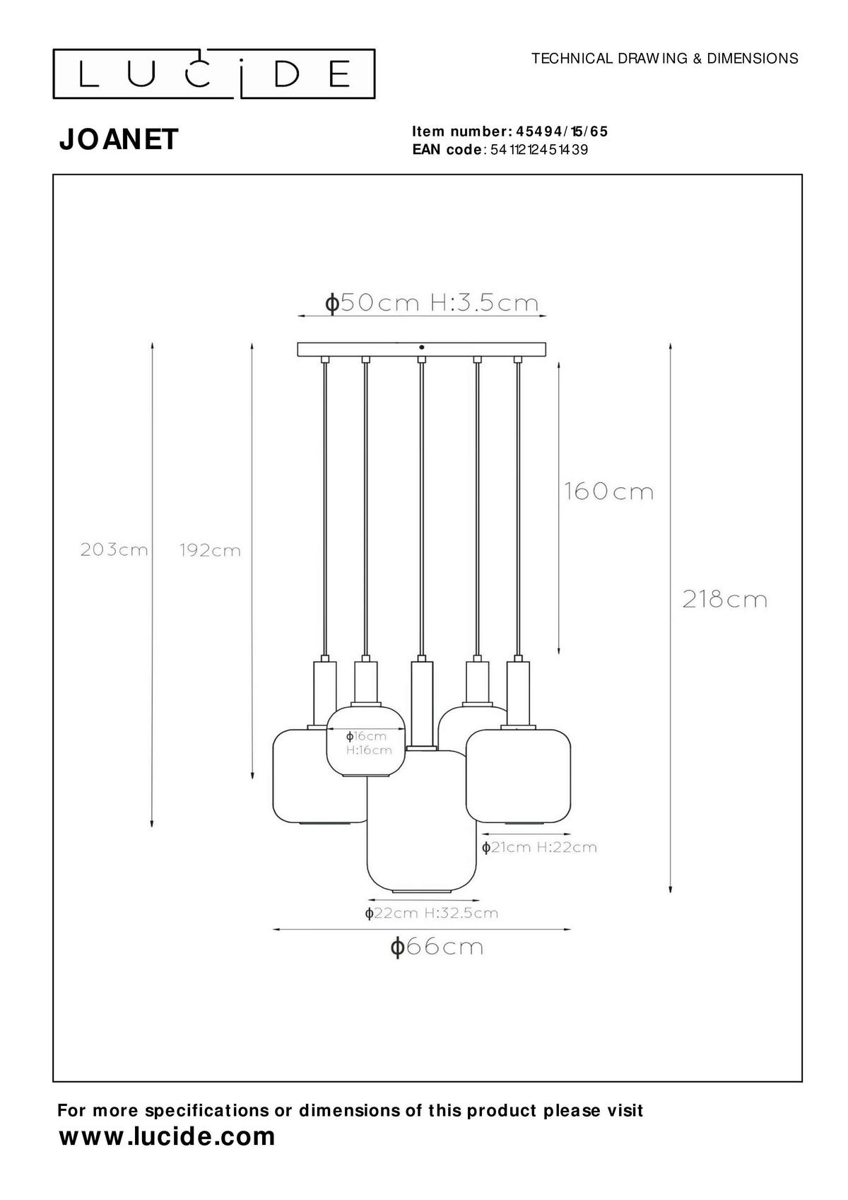 LAMPA WISZĄCA 45494/15/65 JOANET - jasnoszary, Design, szkło (71/180cm) - Lucide