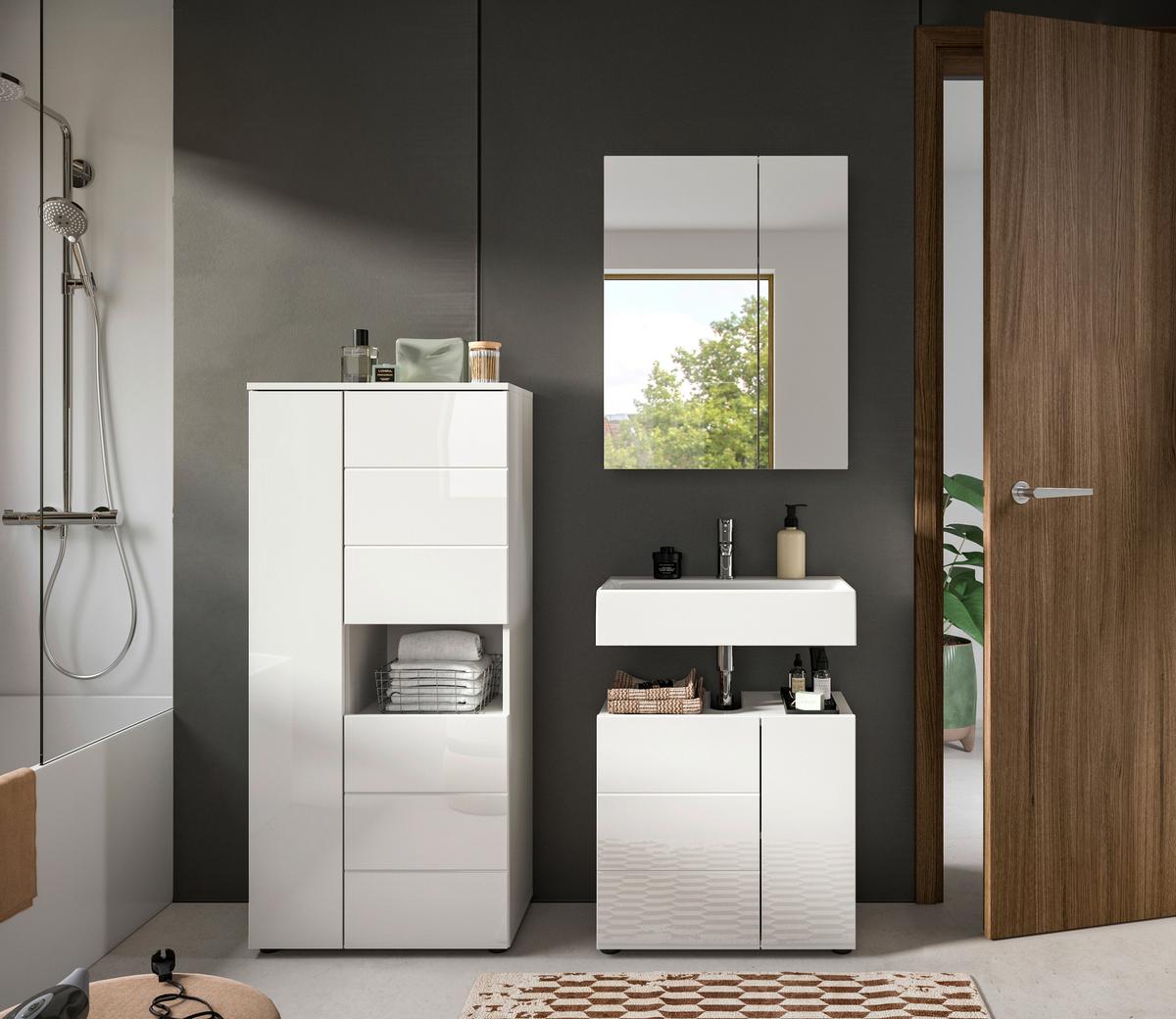 Badezimmer Vira 3-tlg. mit LED ca. 120 cm Weiß - Weiß Hochglanz/Schwarz, MODERN, Holzwerkstoff/Kunststoff (120cm) - MID.YOU