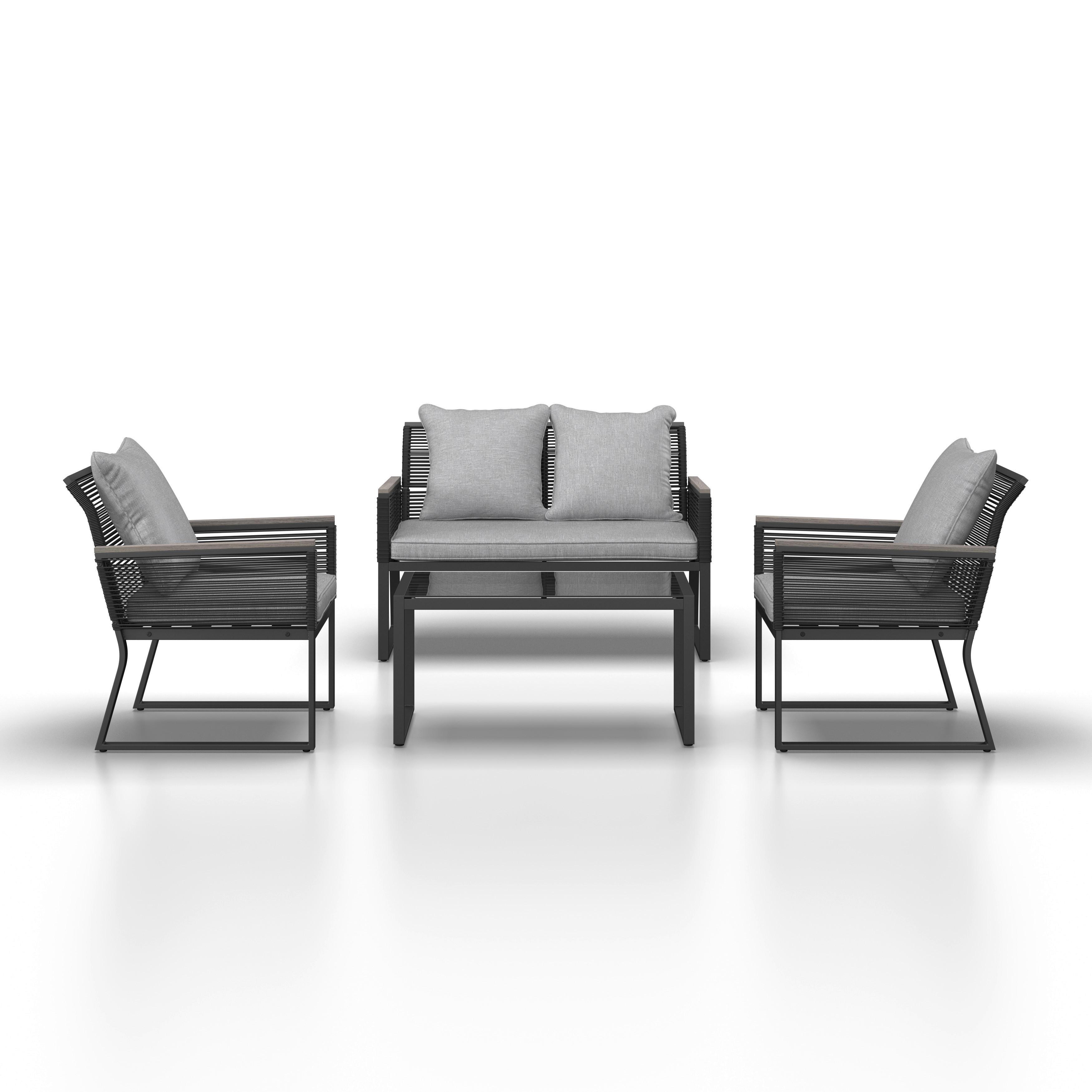Loungegarnitur Paulina Hellgr. Metall/Outdoorstoff +Abdeckung - Hellgrau/Schwarz, MODERN, Glas/Kunststoff (106/74/70,5cm) - Bessagi Garden