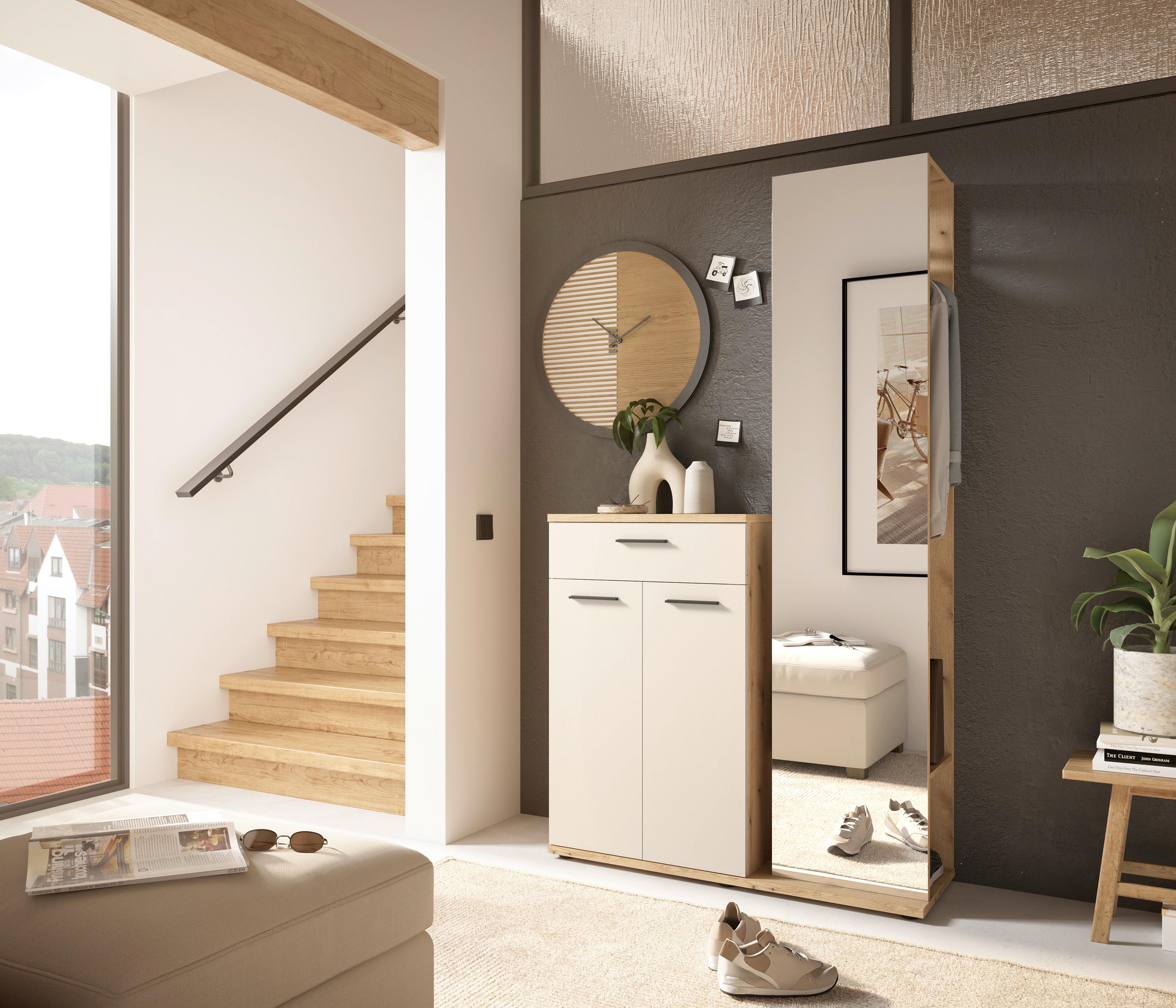 Predsoblje Malaga - boje hrasta/krem, Basics, staklo/drvni materijal (105/188/38cm) - Modern Living