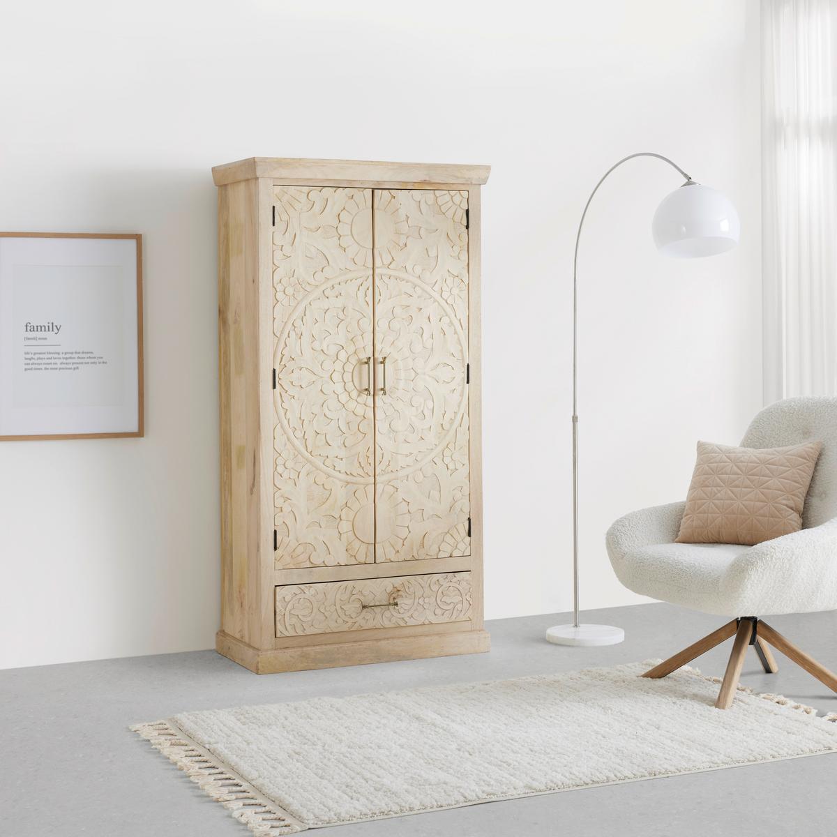 Schrank Ayda aus Mangoholz massiv - Messingfarben/Naturfarben, ROMANTIK / LANDHAUS, Holz/Metall (90/175/45cm) - Zandiara