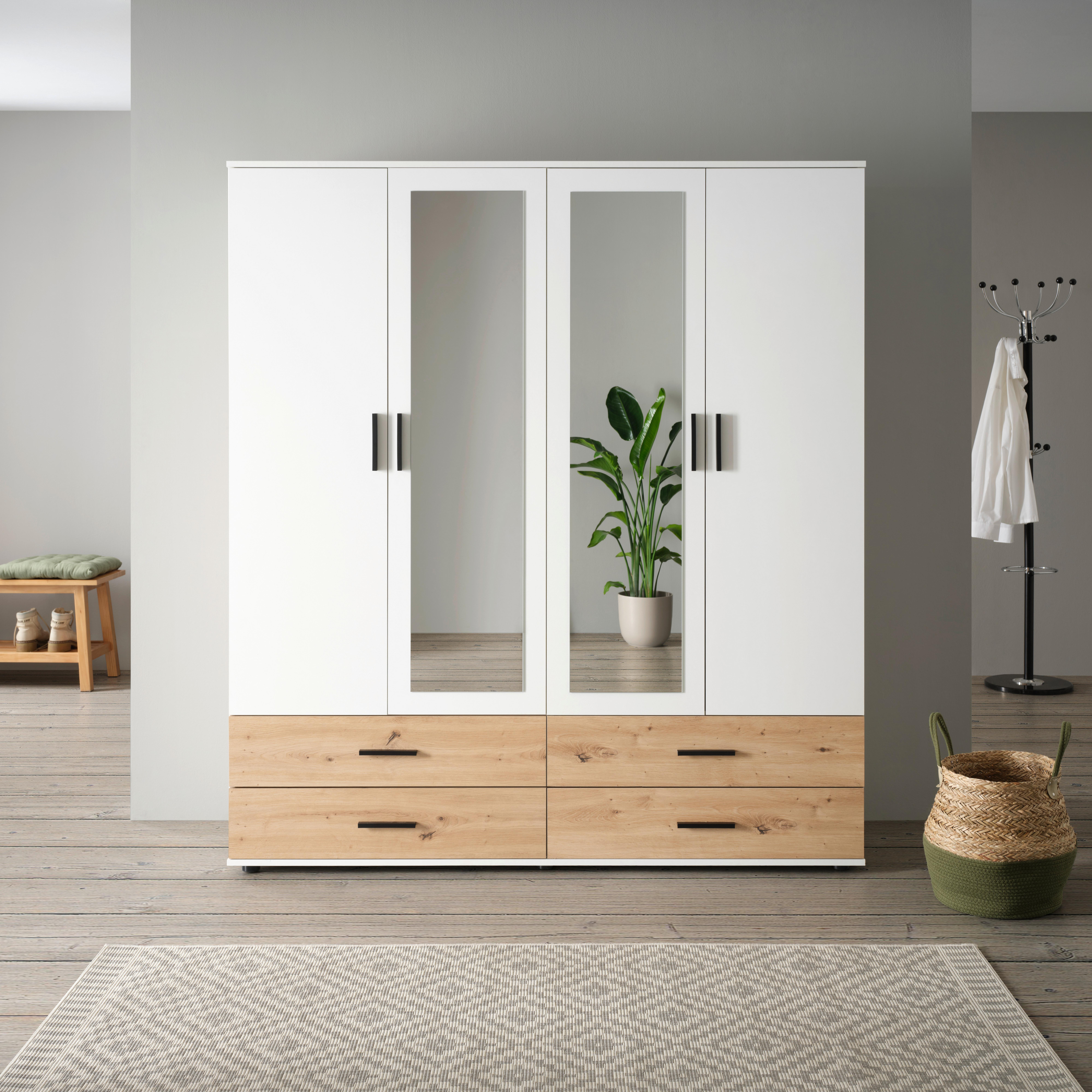 Armoire Weiss/Eichefarben - Weiss/Schwarz, Konventionell, Holzwerkstoff/Kunststoff (168/188/52cm) - Mömax