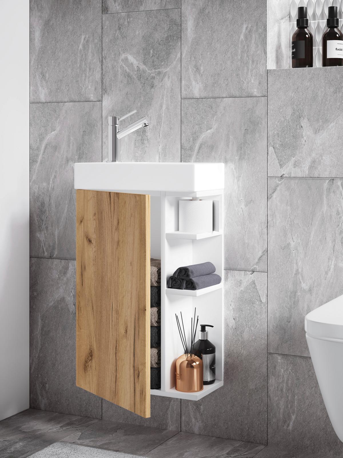 Kombiniran Umivalnik Lumia, Bela, Barva Hrasta - bela/medeni hrast, Moderno, leseni material/keramika (40cm) - MID.YOU