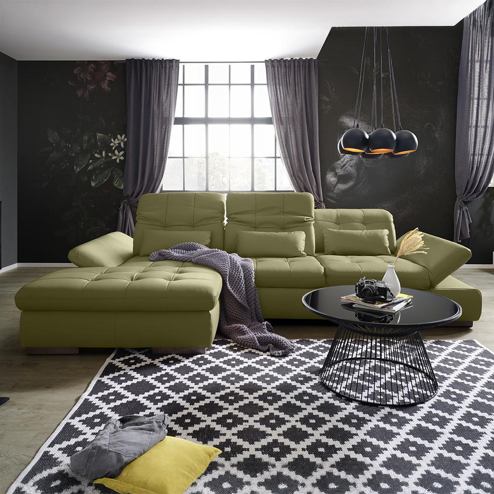 Wohnlandschaft Sanfino Leder Olivgrün - Chromfarben/Olivgrün, KONVENTIONELL, Leder/Metall (199/79-96/305cm) - Premium Living