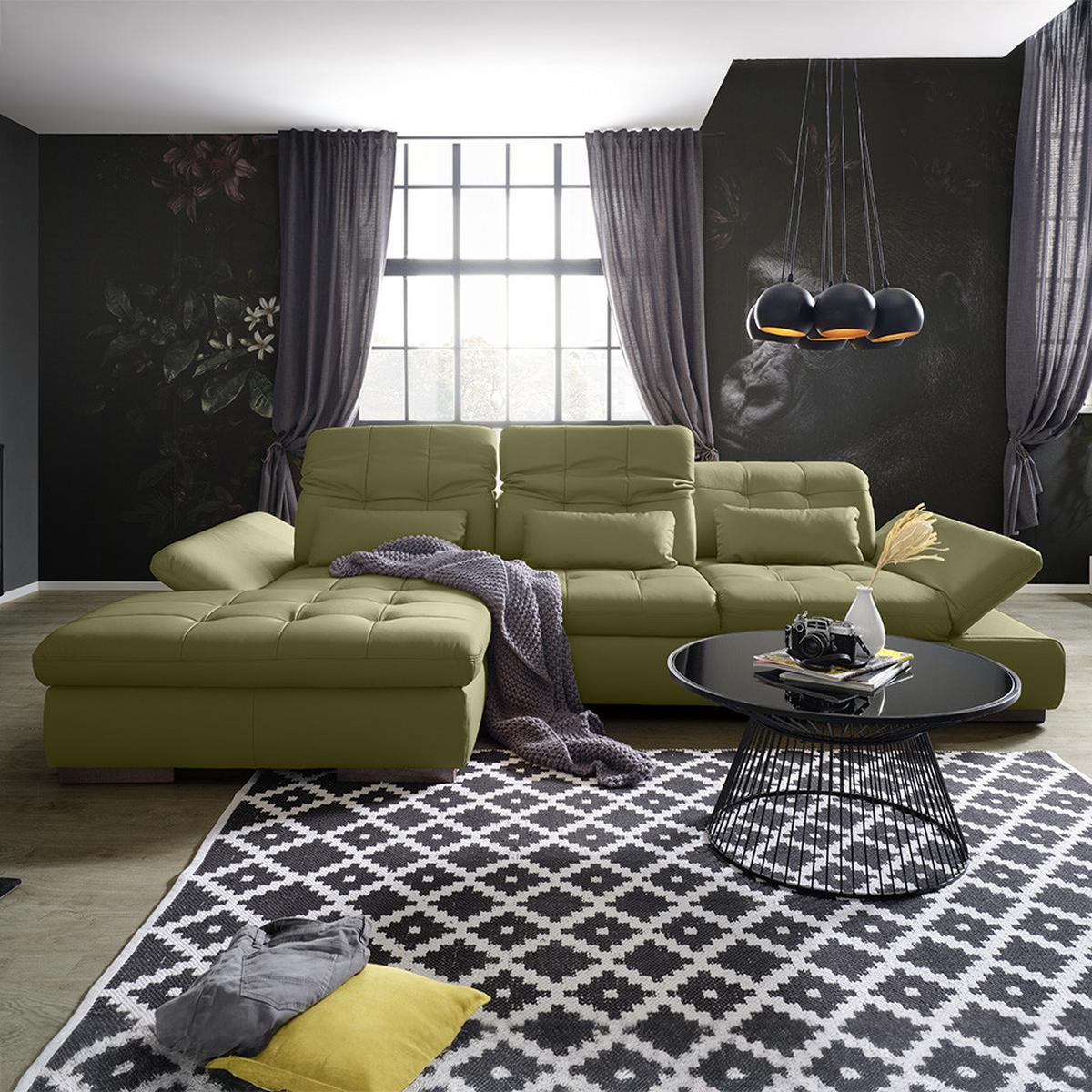 Wohnlandschaft Sanfino Leder Olivgrün - Chromfarben/Olivgrün, KONVENTIONELL, Leder/Metall (199/79-96/305cm) - Premium Living