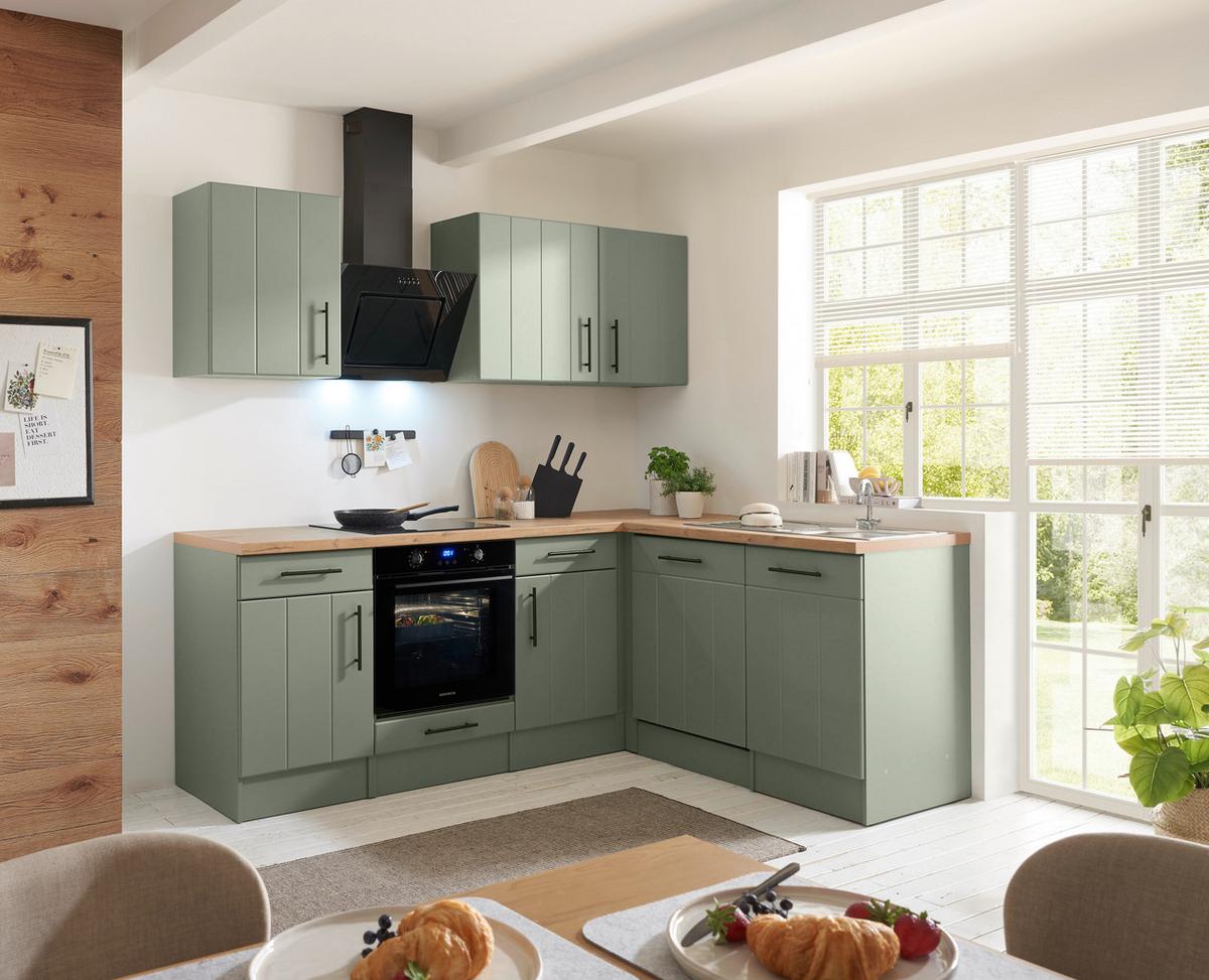 Eckküche Anton m. Geräte ca. 220x172cm Eiche/Schilfgrün - Schilfgrün/Wildeiche, Trend, Holzwerkstoff/Metall (220/172cm) - Respekta