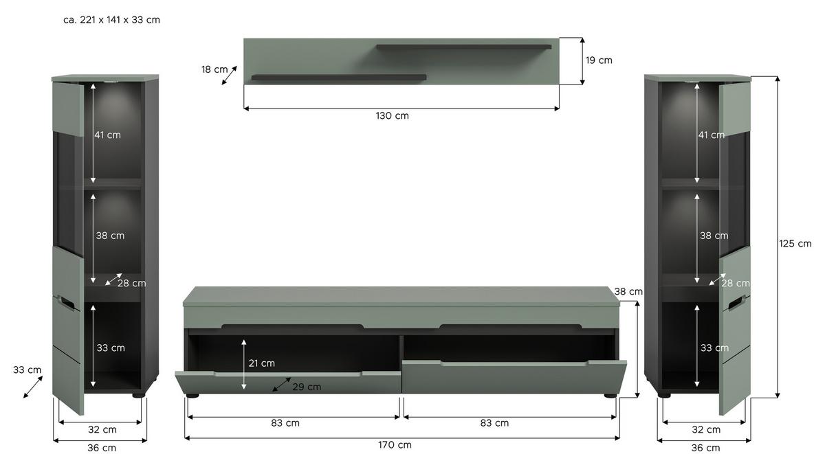 Dnevni Regal Canu, Sivozelena, Osvetlitev, 4-Delni - siva/črna, Design, umetna masa/leseni material (272/141/33cm) - Livetastic