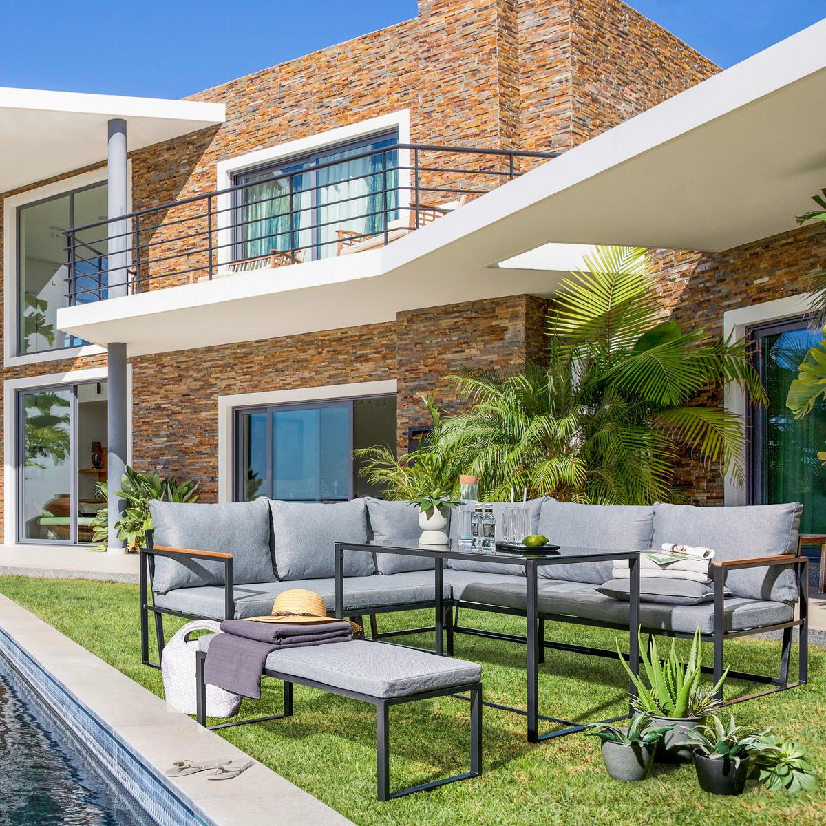 Loungegarnitur Kanada in Grau/Schwarz - Schwarz/Grau, Modern, Glas/Textil (206/68/206cm) - Mömax