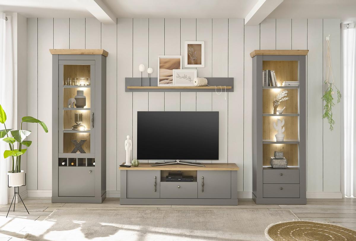 Wohnwand Chambord Eichefarben/Hellgrau - Eichefarben/Silberfarben, Design, Holzwerkstoff/Metall (317/201/44cm) - MID.YOU