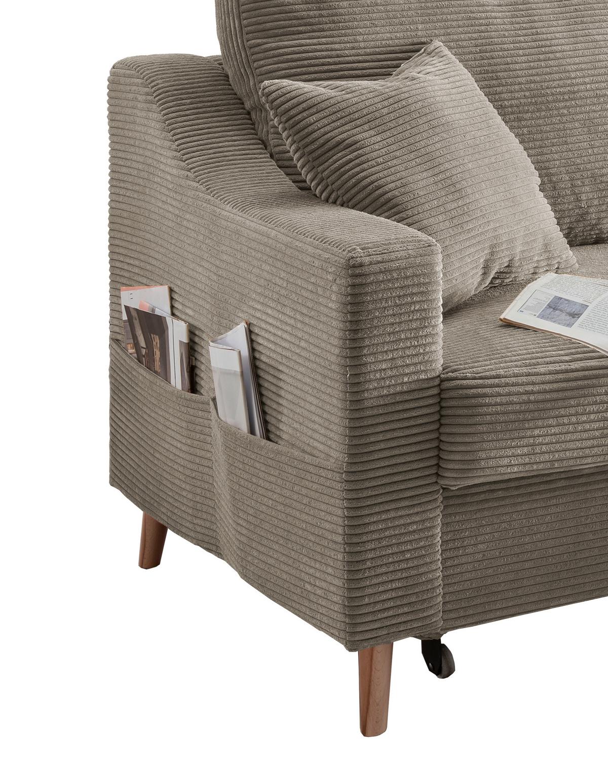 Ecksofa Valentina Cord ca. 228x150 cm Graubraun - Graubraun/Naturfarben, Design, Holz/Textil (228/150cm) - P & B