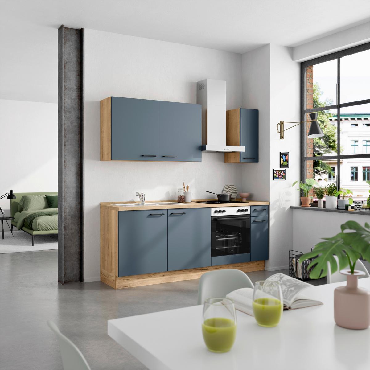 Küchenblock Easytouch Low m. Geräten Blau - Blau/Eichefarben, MODERN, Holzwerkstoff/Metall (210cm) - Nobilia