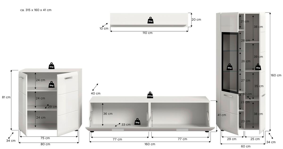 Dnevni Regal Ice, Bela Visok Sijaj, 4-Delni - srebrne barve/črna, Design, umetna masa/leseni material (315/160/41cm) - Livetastic