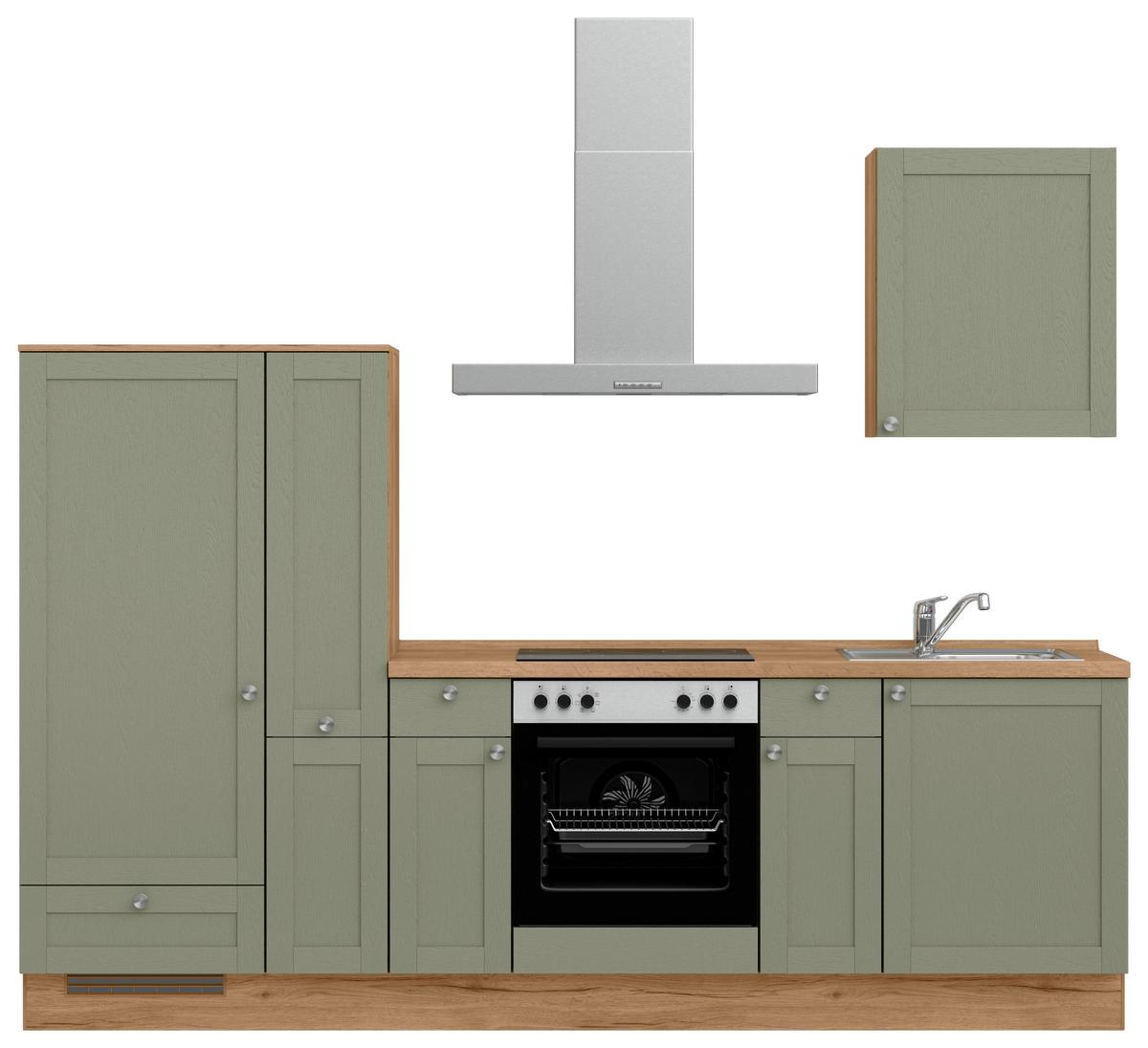 Küchenleerblock Frame Low o. Geräte Olivgrün - Edelstahlfarben/Eichefarben, MODERN, Holzwerkstoff/Metall (270cm) - Nobilia