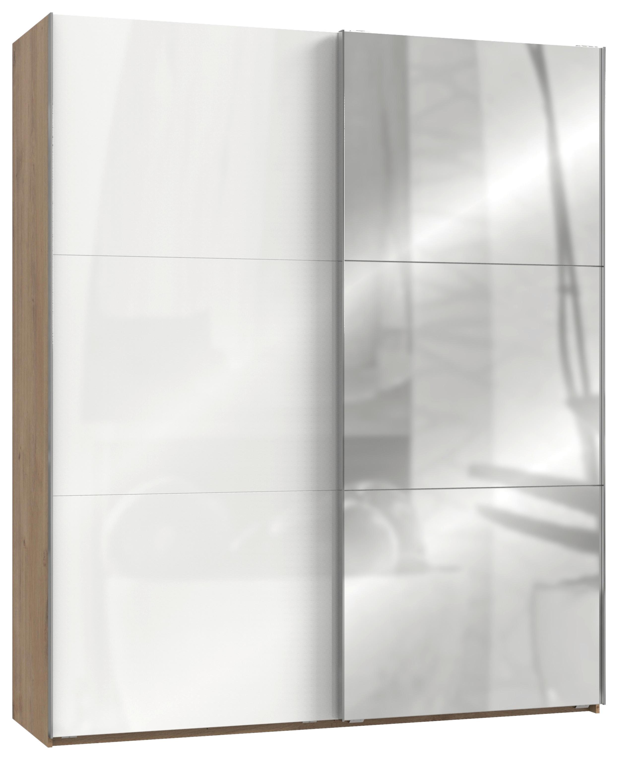 Schwebetürenschrank Level 36D ca. 200 cm Weiß/Eiche Dekor - Chromfarben/Weiß Hochglanz, MODERN, Holzwerkstoff/Metall (200/236/65cm) - MID.YOU