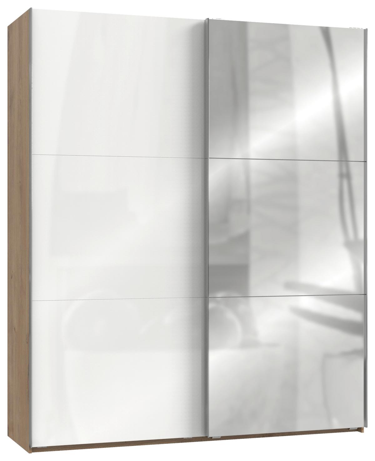 Schwebetürenschrank Level 36D ca. 200 cm Weiß/Eiche Dekor - Chromfarben/Weiß Hochglanz, MODERN, Holzwerkstoff/Metall (200/236/65cm) - MID.YOU
